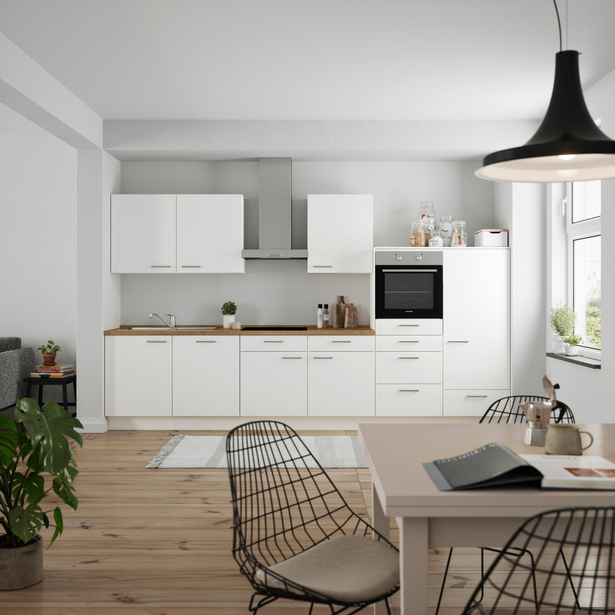 KÜCHENBLOCK 360 cm   in Weiß, Eichefarben  - Edelstahlfarben/Eichefarben, MODERN, Holzwerkstoff/Metall (360cm) - Nobilia