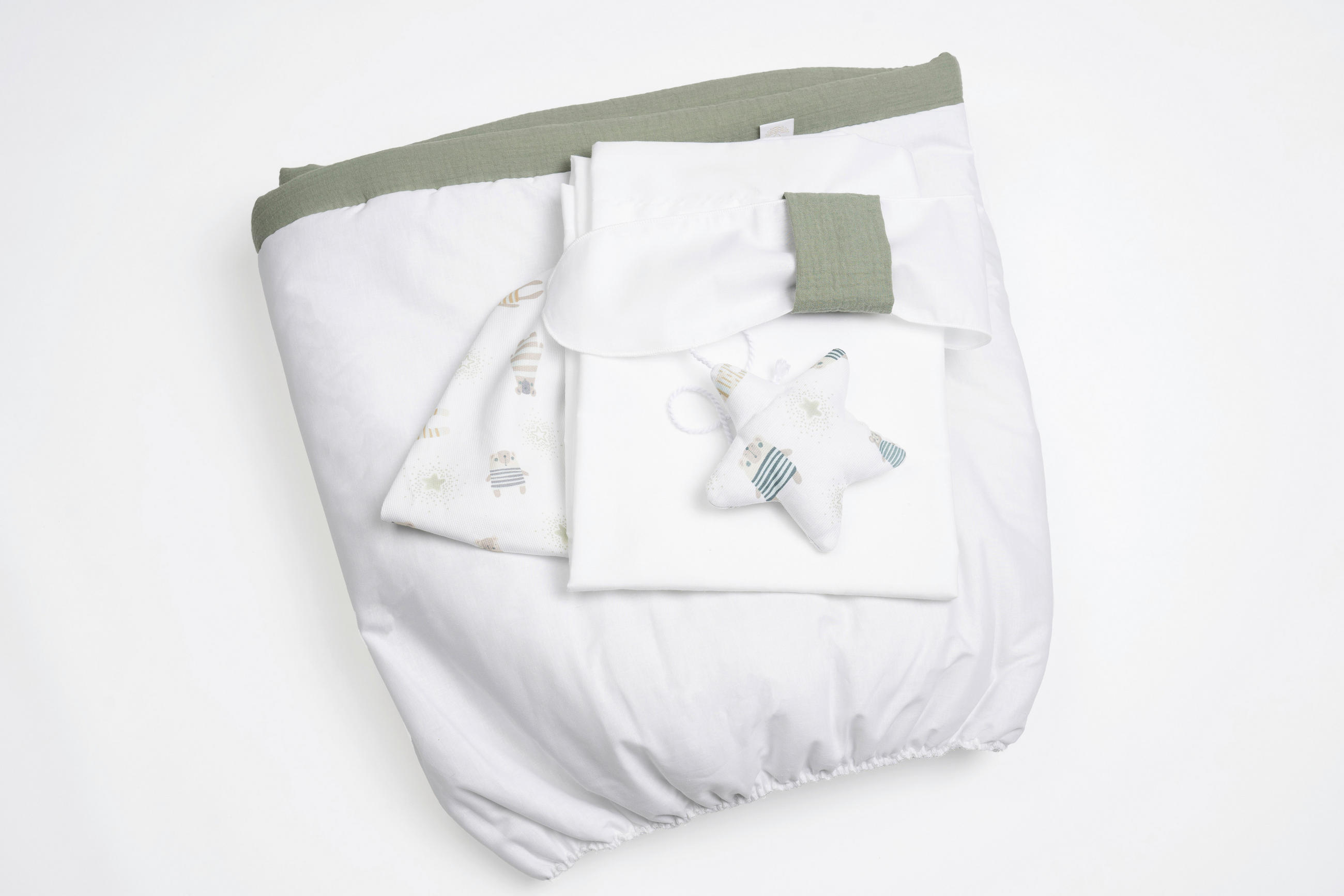 Mionido Stubenwagenset Pyjamabär Weiß, Olivgrün 130x180 cm