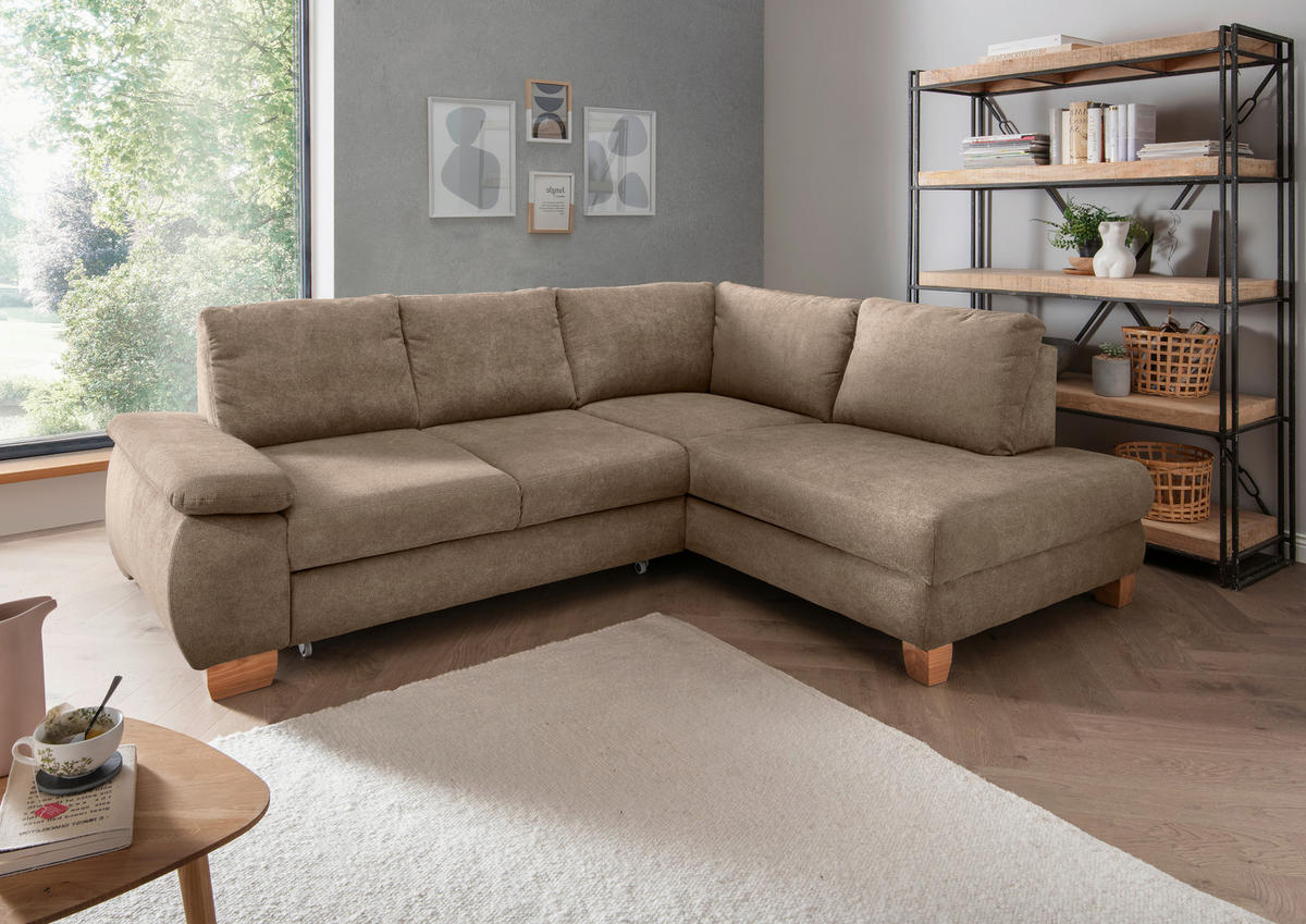 ECKSCHLAFSOFA in Chenille Hellbraun  - Wildeiche/Hellbraun, Modern, Holz/Textil (261/206cm) - Livetastic
