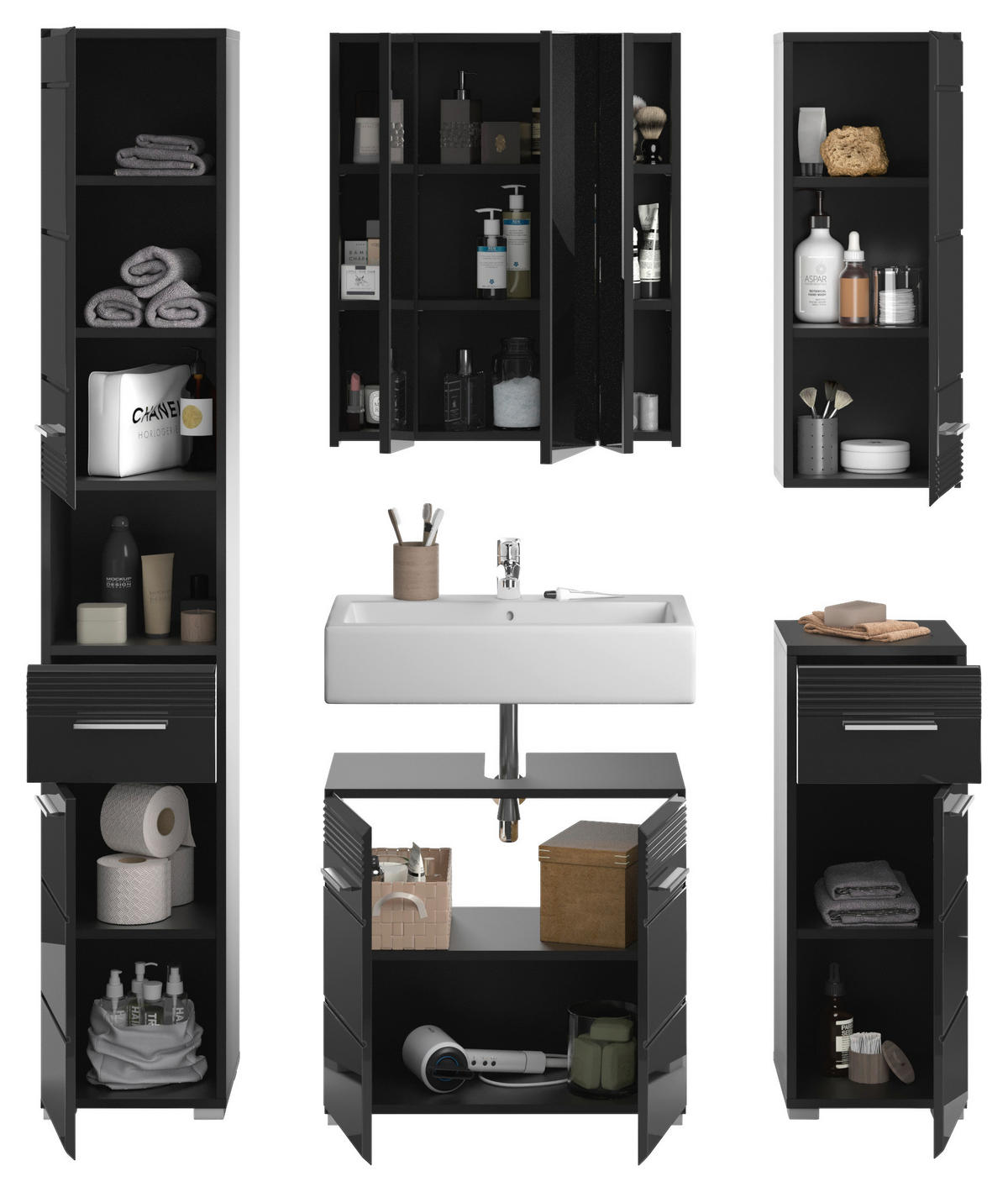 BADEZIMMER 5-teilig  in 120 cm  - Schwarz Hochglanz/Silberfarben, MODERN, Glas/Holzwerkstoff (120cm) - MID.YOU