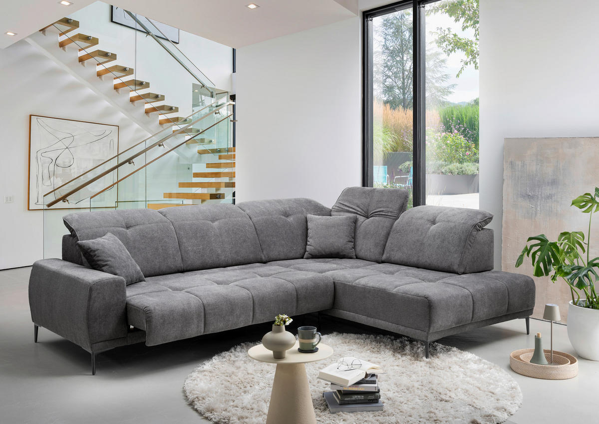 ECKSOFA NESTO Dunkelgrau Chenille Zierkissen, Kopfteilverstellung, Sitzvorzug  - Dunkelgrau/Schwarz, Basics, Textil/Metall (305/232cm) - Livetastic