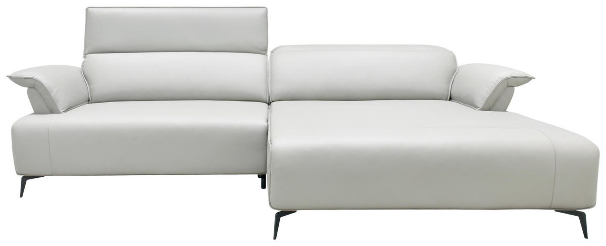 ECKSOFA Hellgrau Echtleder Rückenkissen, Armlehnenkissen, Rücken echt, Kopfteilverstellung, Sitztiefenverstellung, Fußteilverstellung  - Hellgrau/Schwarz, Design, Leder/Metall (280/75-100/112-176cm) - Celina Home