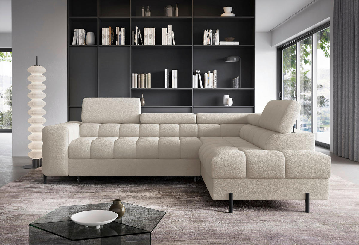 ECKSOFA FERUCCE Creme Teddystoff Bettkasten, Kopfteilverstellung  - Creme/Schwarz, Design, Textil/Metall (276/200cm) - MID.YOU