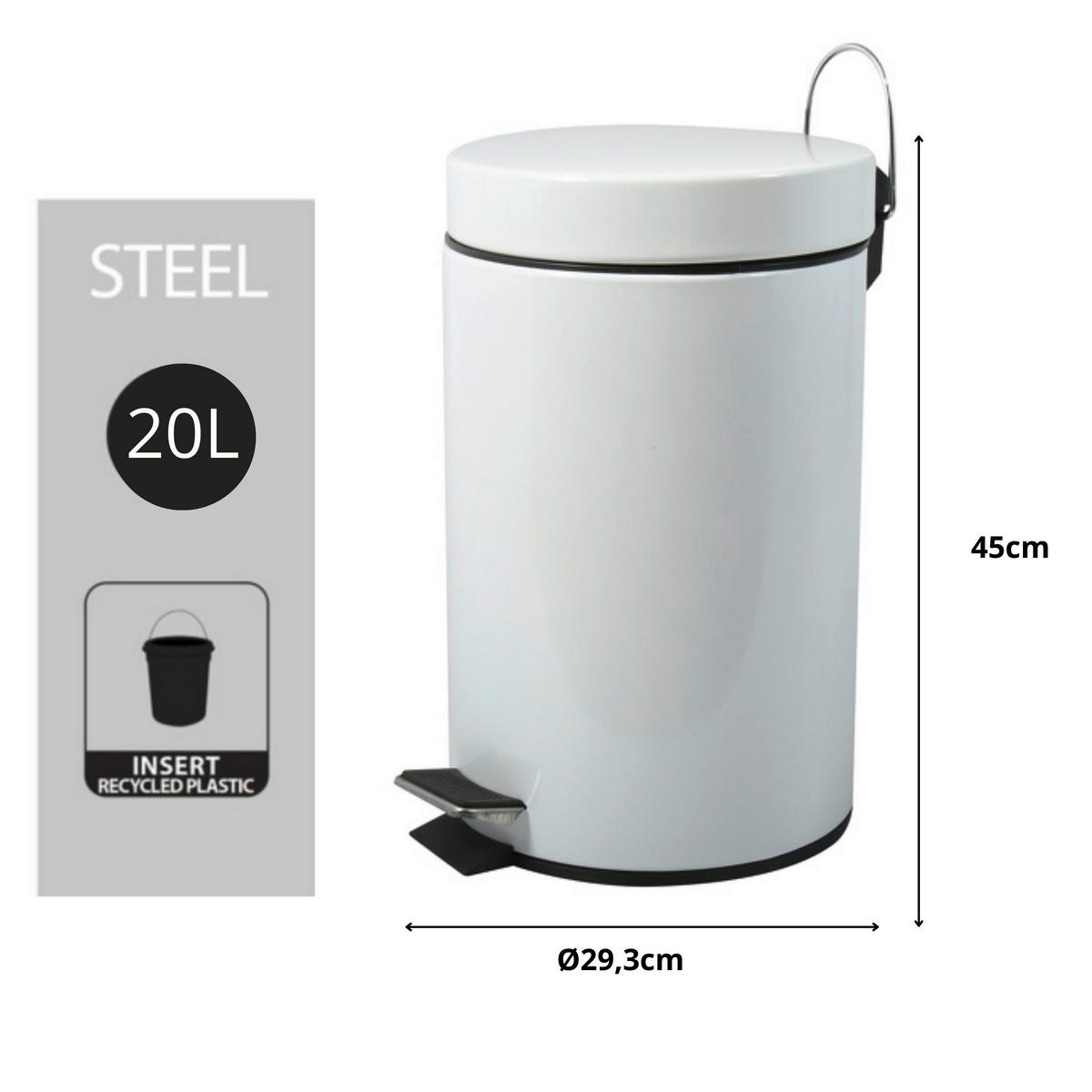 TRETEIMER Steel 20 L  - Schwarz/Weiß, Basics, Kunststoff/Metall (29.3/45/29.3cm) - Spirella