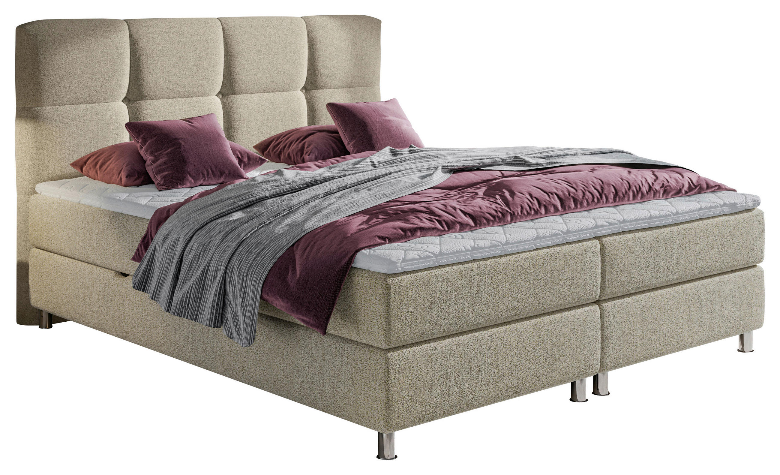 BOXBETT 160/200 cm,  in Beige, Matratze, gepolstertes Kopfteil, Bettkasten, Topper, H3 = fest  - Chromfarben/Beige, Design, Textil/Metall (160/200cm) - Ti'me