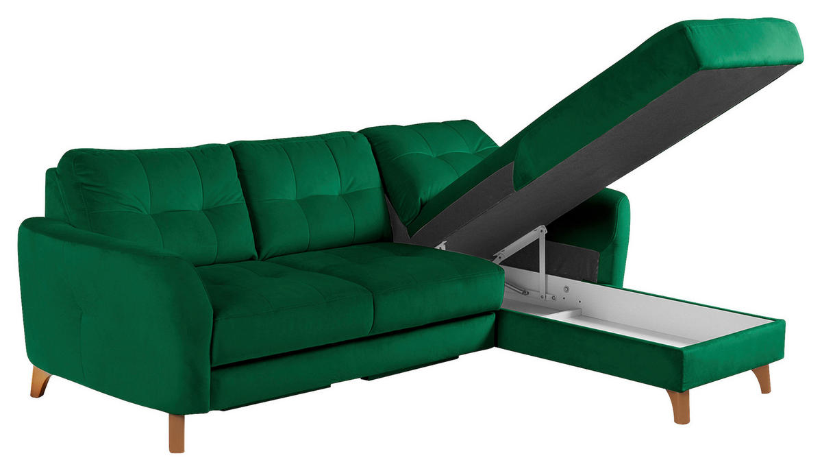 ECKSOFA Dunkelgrün Samt Bettkasten, Schlaffunktion, Liegefläche im Originalstoff  - Dunkelgrün/Buchefarben, Design, Holz/Textil (238/168cm) - Livetastic