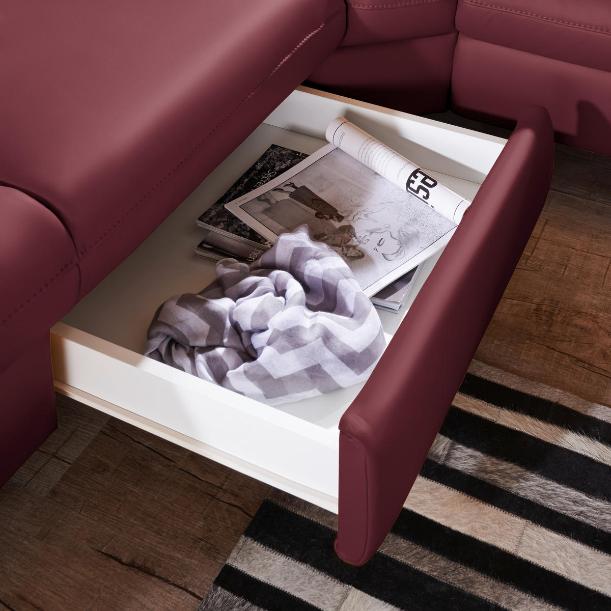 ECKSOFA in Echtleder Weinrot  - Weinrot/Alufarben, Design, Leder/Metall (239/271cm) - Cantus