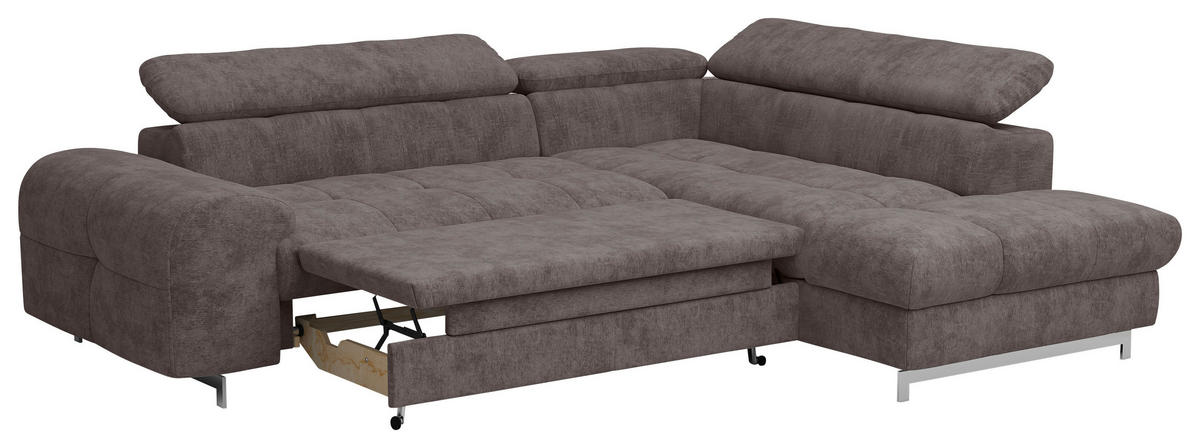 ECKSOFA in Mikrofaser Dunkelbraun  257/206 cm  - Chromfarben/Dunkelbraun, KONVENTIONELL, Textil/Metall (257/206cm) - Livetastic