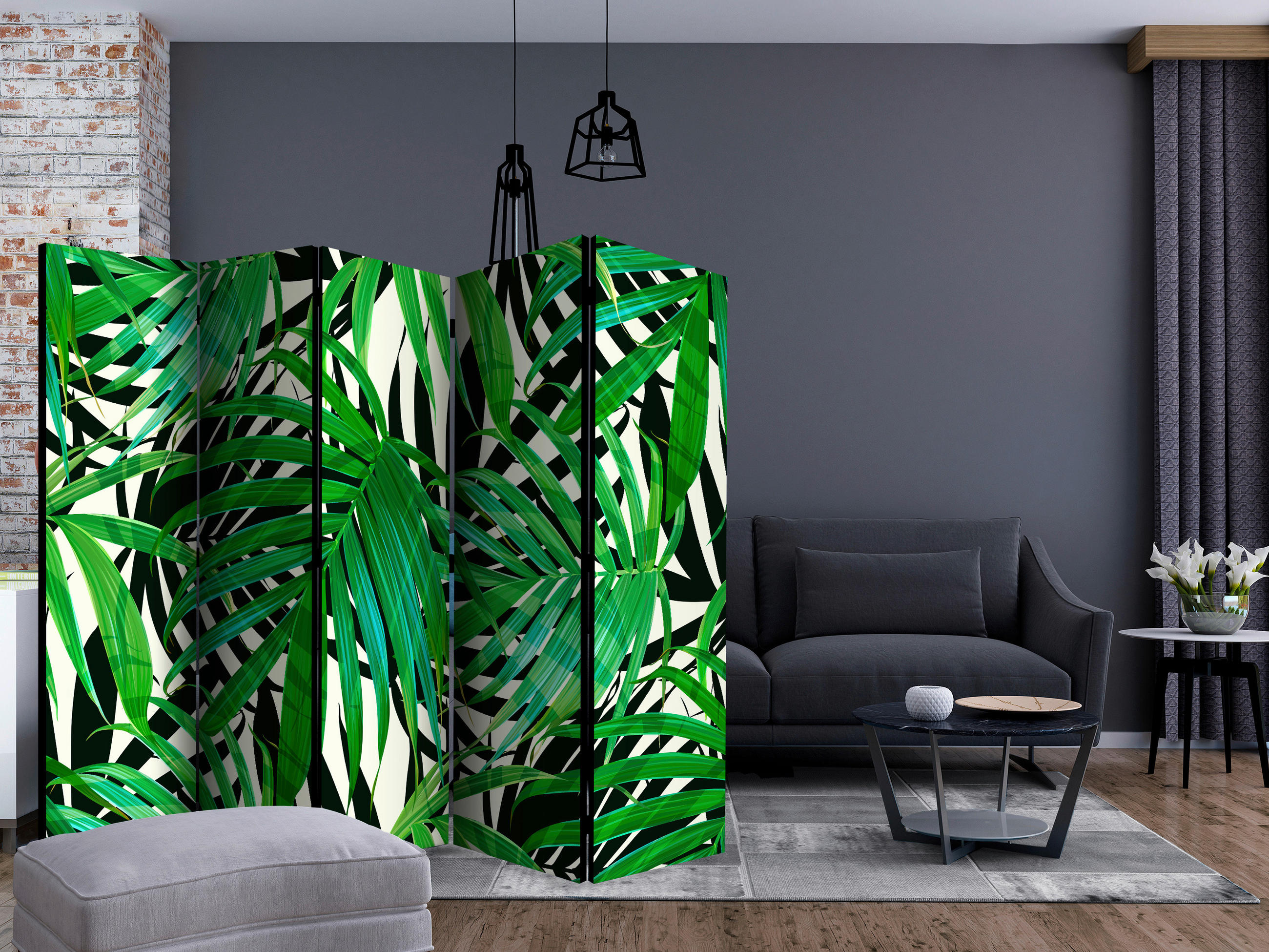 PARAVENT mit 5  Flügel - Weiß/Grün, Basics, Holz/Textil (225/172/3cm) - artgeist