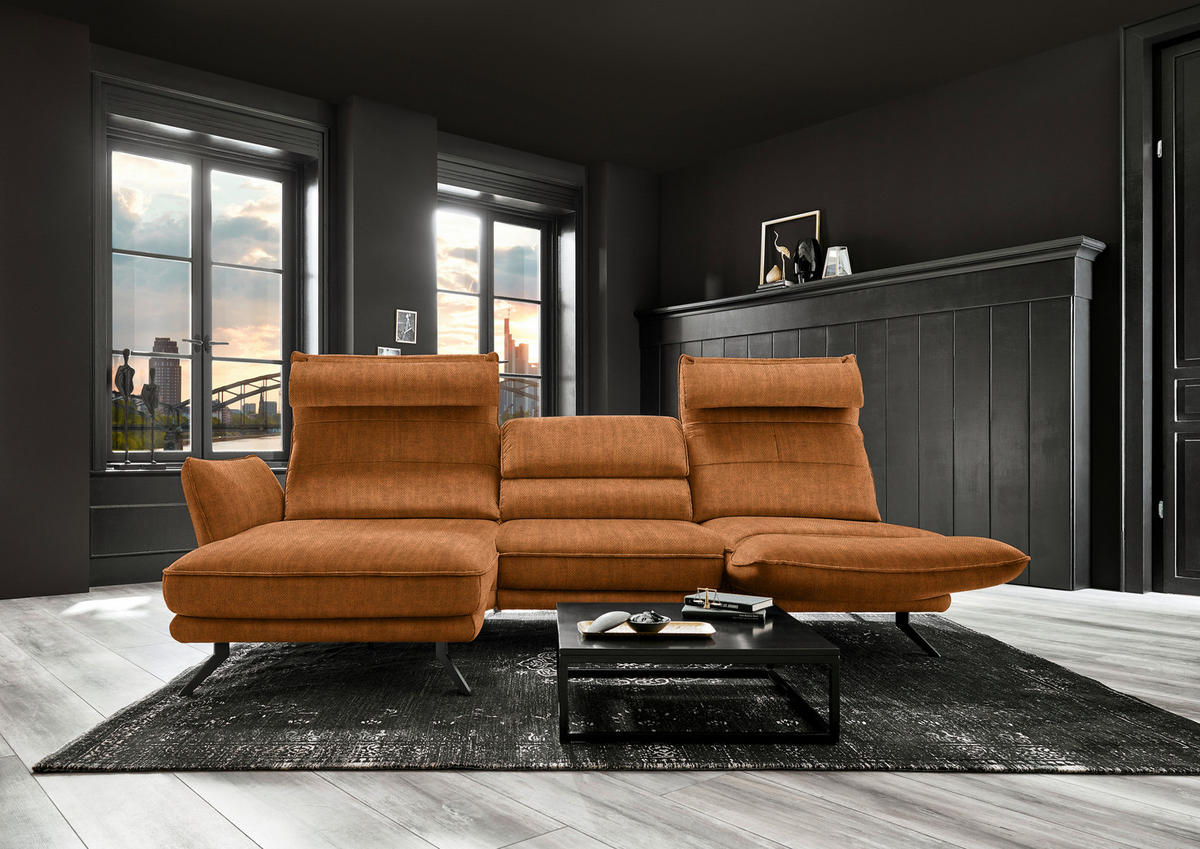 ECKSOFA in Velours Cognac  - Cognac/Schwarz, Design, Textil/Metall (153/283cm) - Valdera
