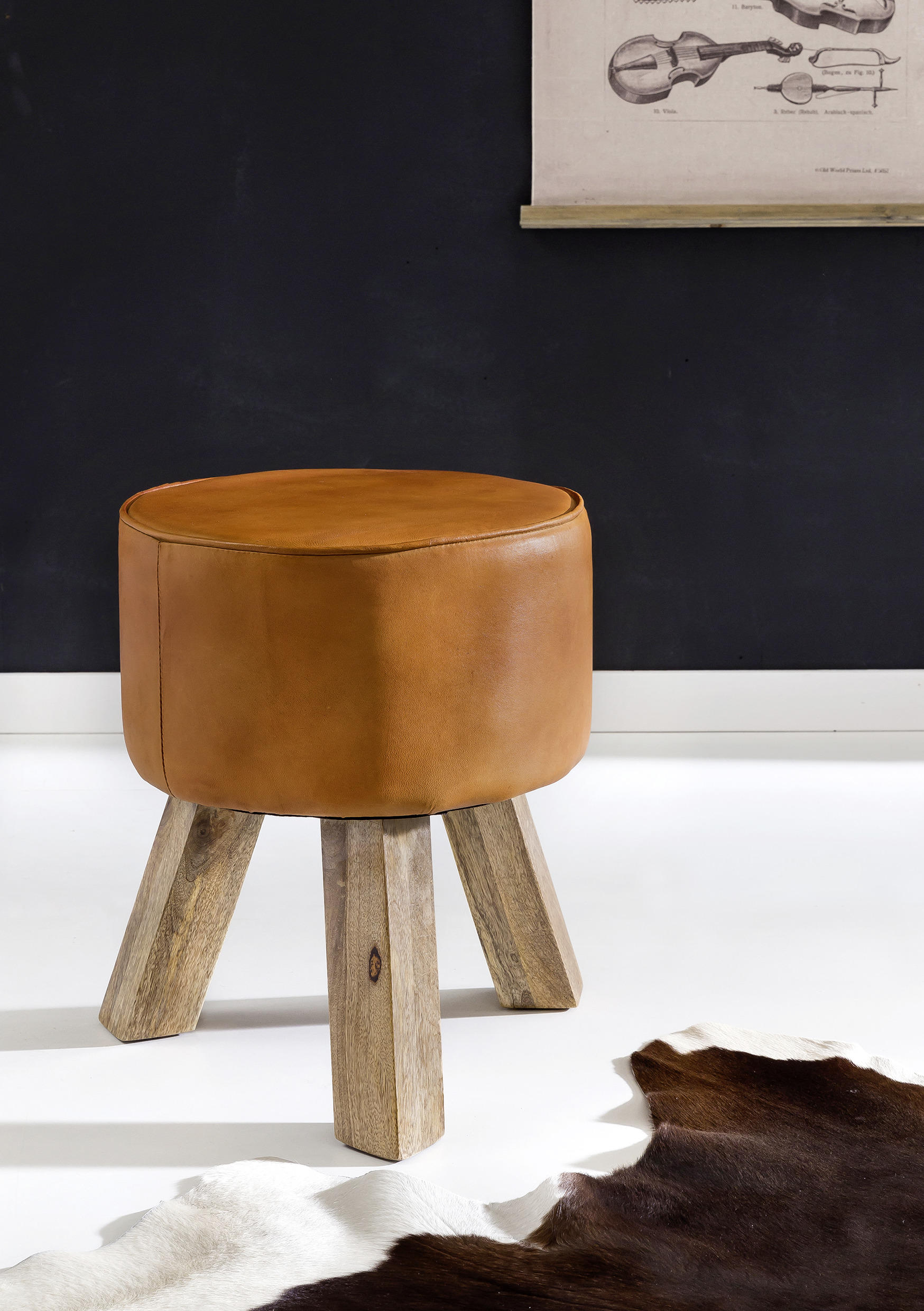 HOCKER Echtleder Braun  - Braun, Natur, Leder/Holz (37/45/37cm) - MID.YOU