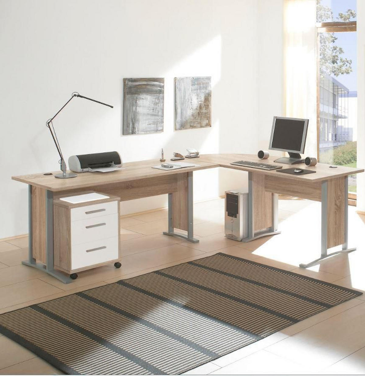 PISALNA MIZA leseni material bela, hrast sonoma  - srebrne barve/bela, Design, umetna masa/leseni material (220/170cm) - Boxxx