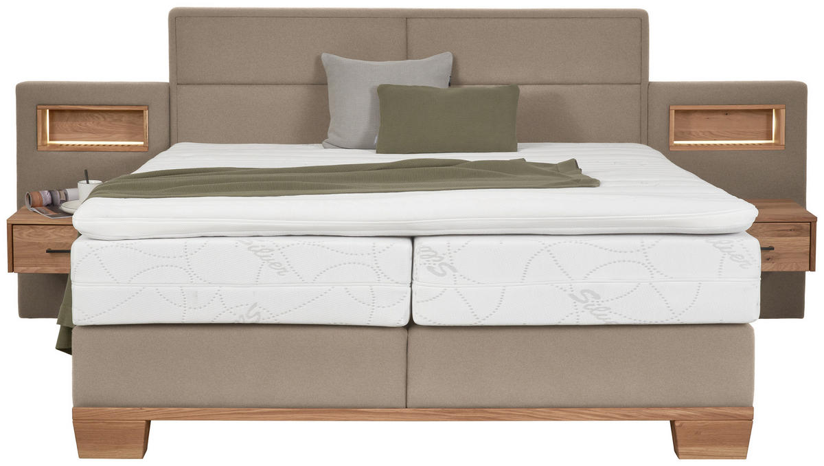 BOXSPRINGBETT 180/200 cm,  in Eichefarben, Greige, Matratze, Topper, unterschiedliche Matratzenhärtegrade je Bettseite, H3 + H4 = fest + sehr fest  - Greige/Eichefarben, Natur, Holz/Textil (180/200cm) - Valnatura