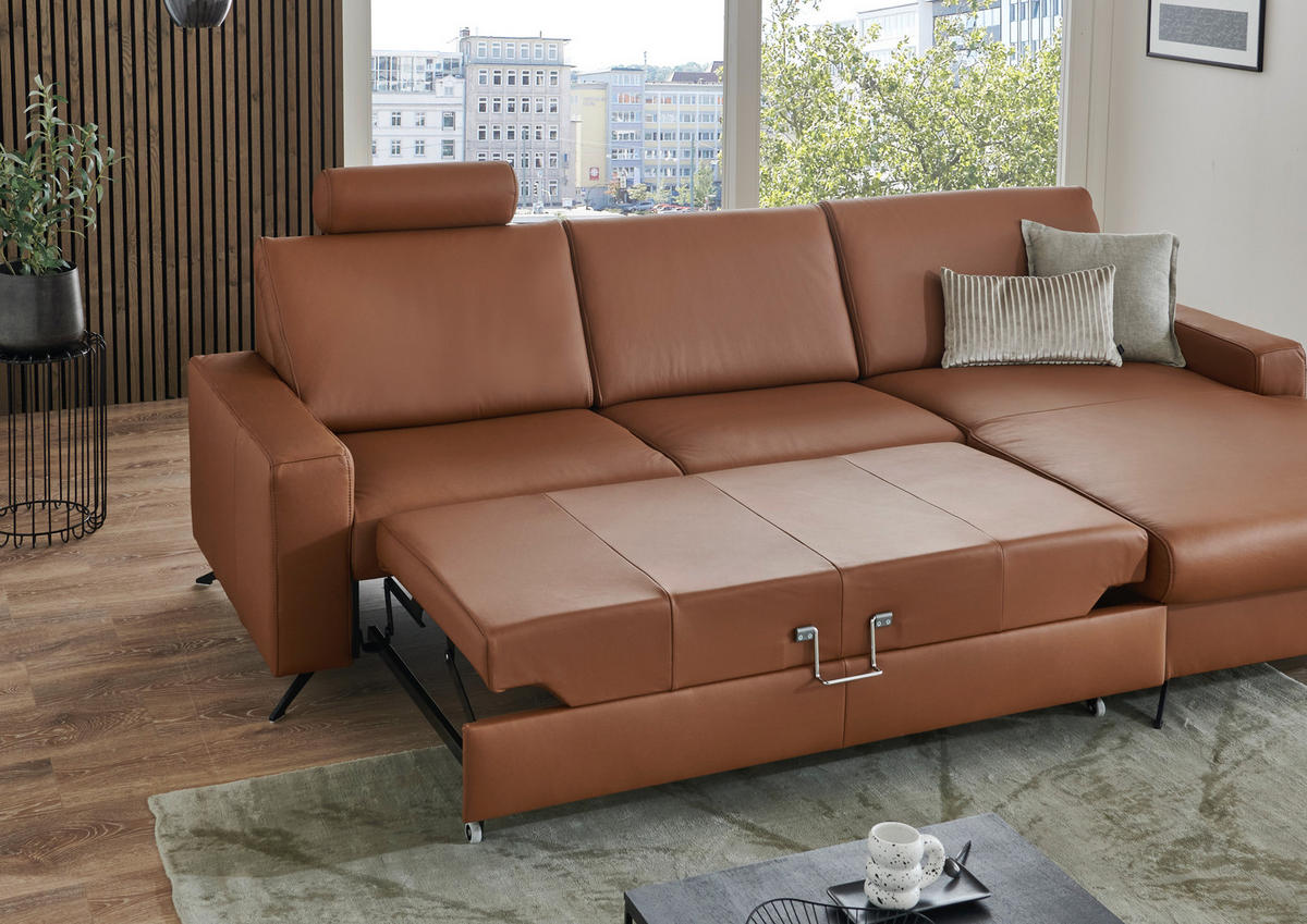 ECKSOFA in Echtleder Cognac  - Cognac/Schwarz, Design, Leder/Metall (267/165cm) - Lomoco