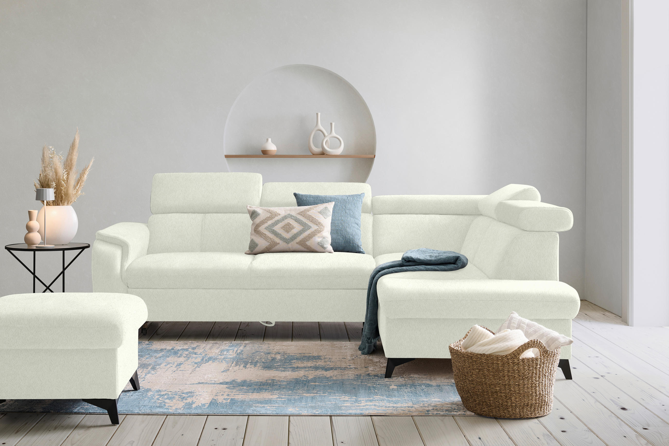 ECKSOFA in Teddystoff Weiß  - Schwarz/Weiß, Design, Textil/Metall (260/203cm) - Stylife