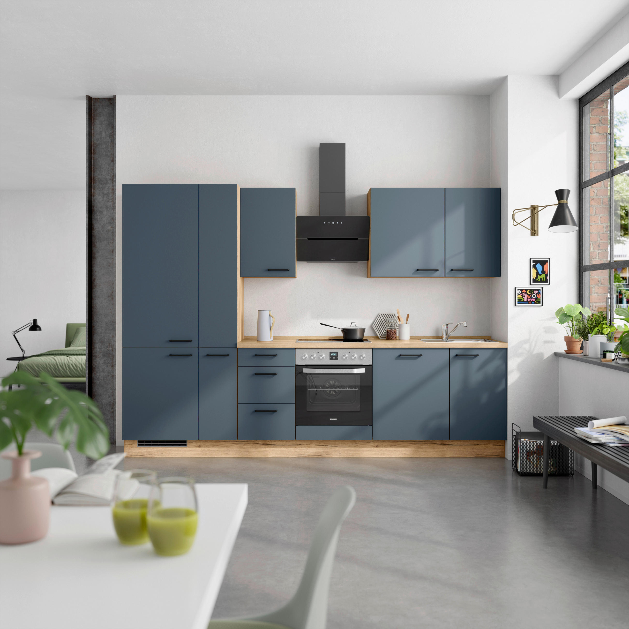 KÜCHENBLOCK Easytouch 300 cm  in Eichefarben, Dunkelblau  - Eichefarben/Schwarz, MODERN, Holzwerkstoff/Metall (300cm) - Nobilia
