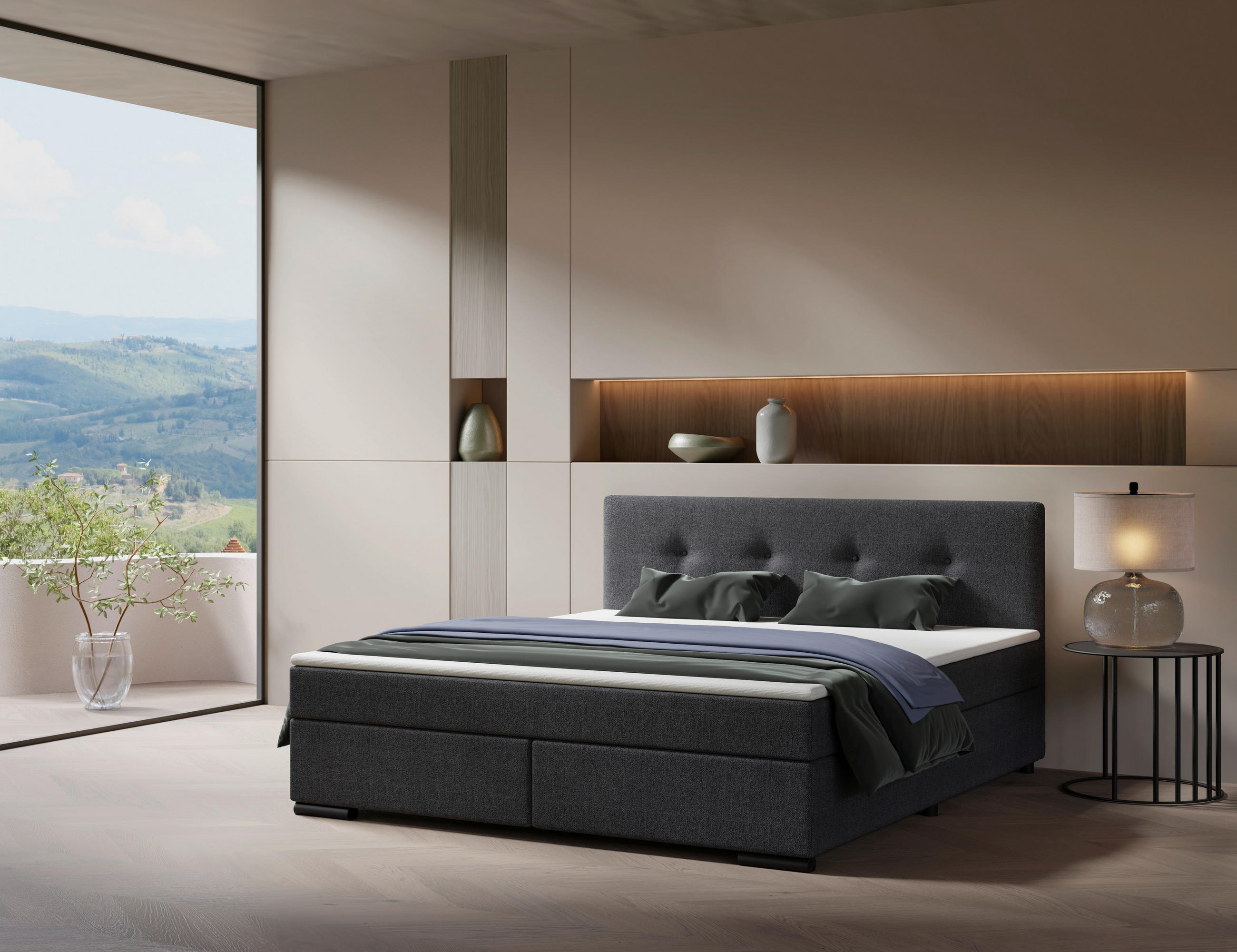 BOXSPRING POSTELJA 160 cm   x 220 cm  , les, tekstil, karton antracit  - črna/antracit, Moderno, karton/umetna masa (160/220cm) - P & B