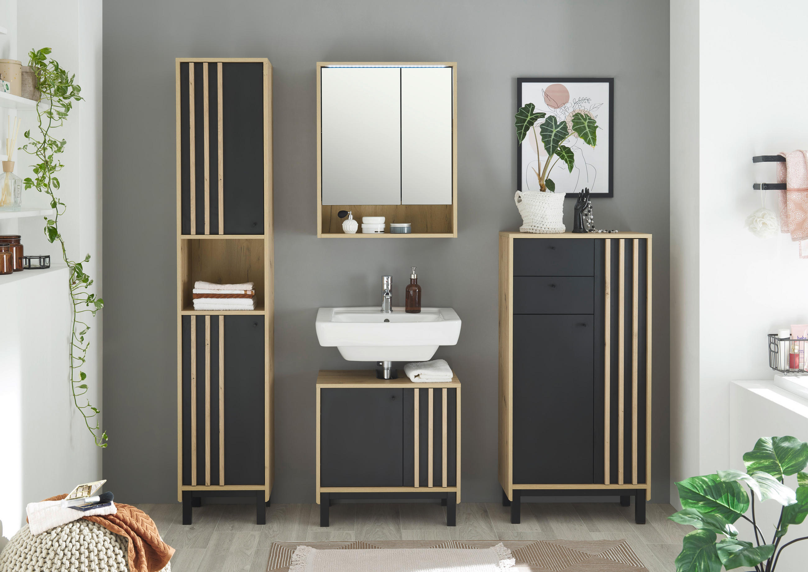 HOCHSCHRANK 38/195/32 cm  - Schwarz/Eiche Artisan, Modern, Holzwerkstoff/Kunststoff (38/195/32cm) - MID.YOU