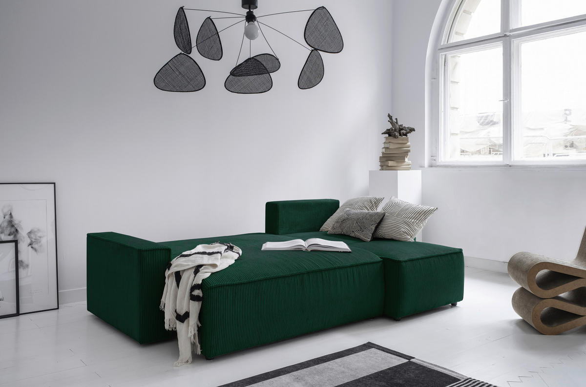 ECKSOFA Dunkelgrün Cord Bettkasten  - Dunkelgrün/Schwarz, Design, Kunststoff/Textil (250/156cm) - MID.YOU