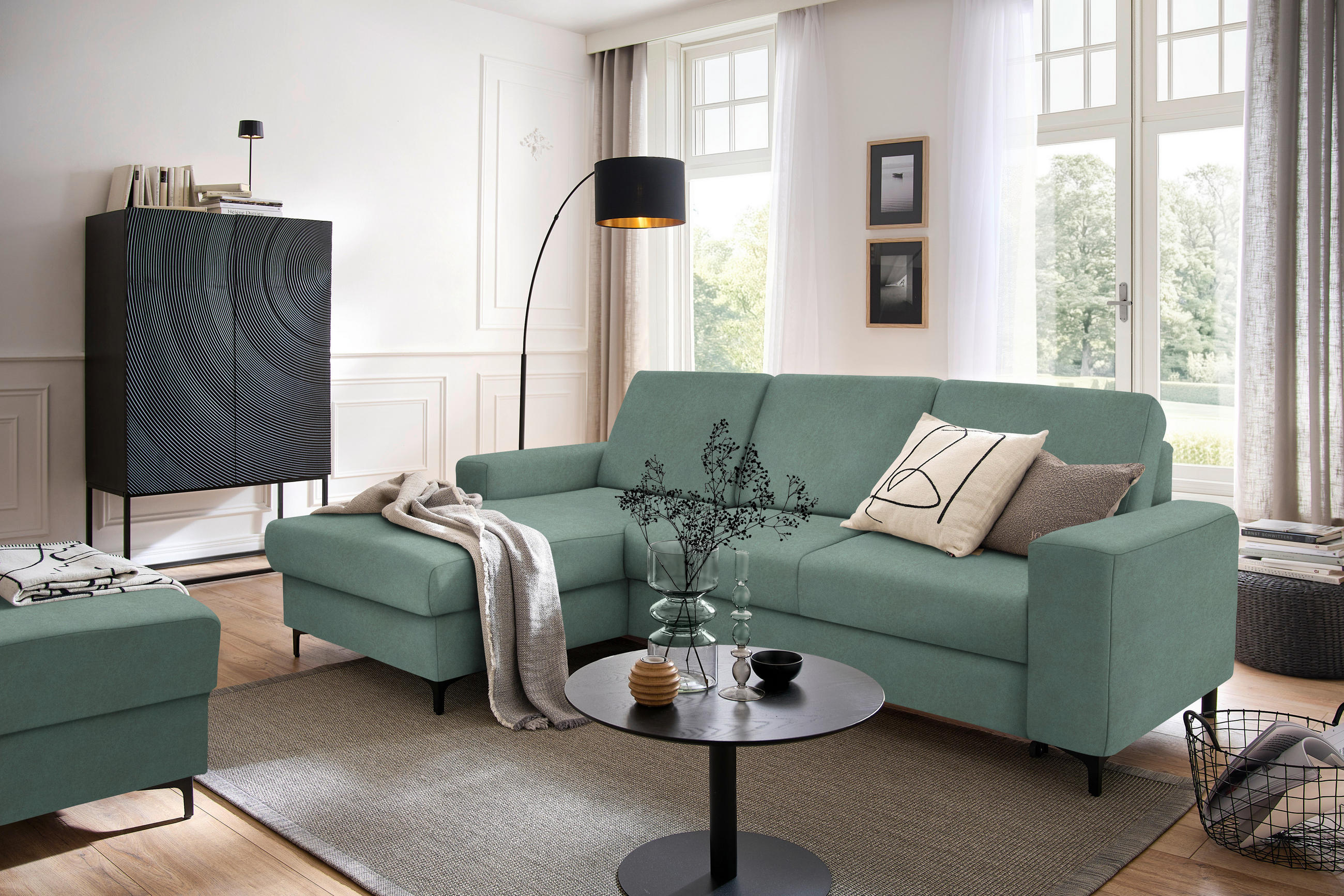 ECKSOFA Mintgrün Velours  - Schwarz/Mintgrün, KONVENTIONELL, Textil/Metall (167/247cm) - Stylife