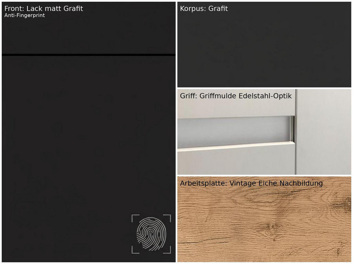 KÜCHENLEERBLOCK 340 cm   in Graphitfarben  - Edelstahlfarben/Eichefarben, Design, Holzwerkstoff/Metall (340cm) - Impuls