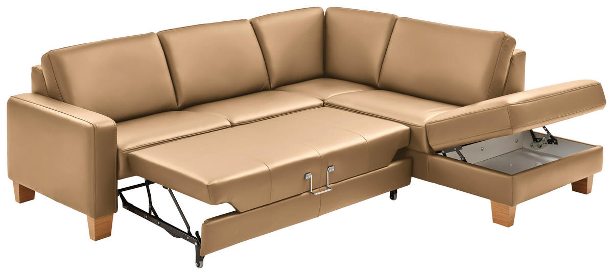 ECKSOFA in Echtleder Honig  - Eiche Bianco/Honig, Natur, Leder/Holz (257/235cm) - Valdera