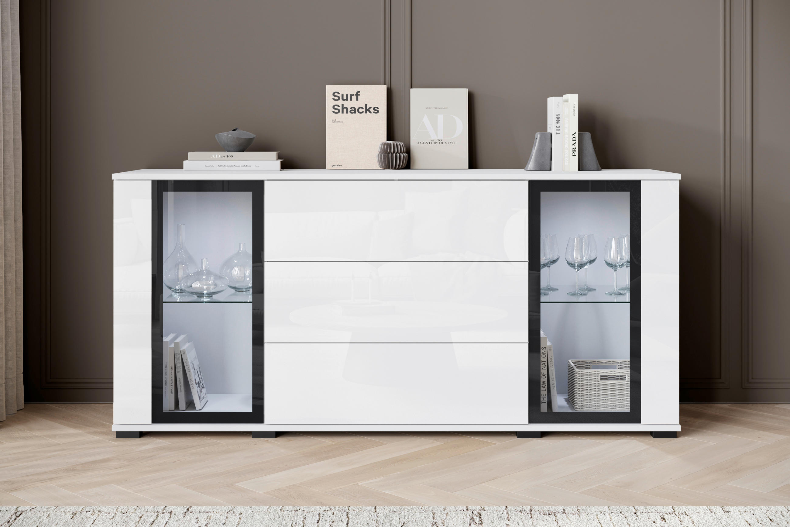 KOMODA, bela, bela, visoki sijaj  - črna/bela, Design, umetna masa/steklo (150/69,7/39,5cm) - Livetastic