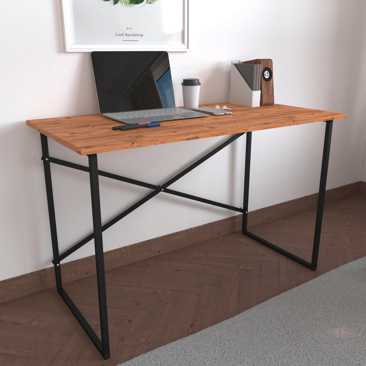 SCHREIBTISCH  in Honigeiche  - Honigeiche/Schwarz, Design, Holzwerkstoff/Metall (90/75/50cm) - MID.YOU