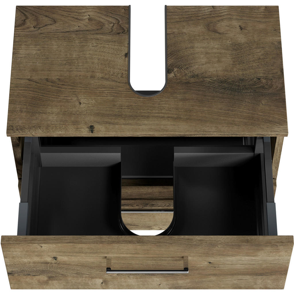 Thumbnail - Sadena Waschbeckenunterschrank M-Plan, Eiche dunkel, Metall, 2 Schubladen, 60x49.8x33.3 cm, Goldenes M, Made in Germany,...