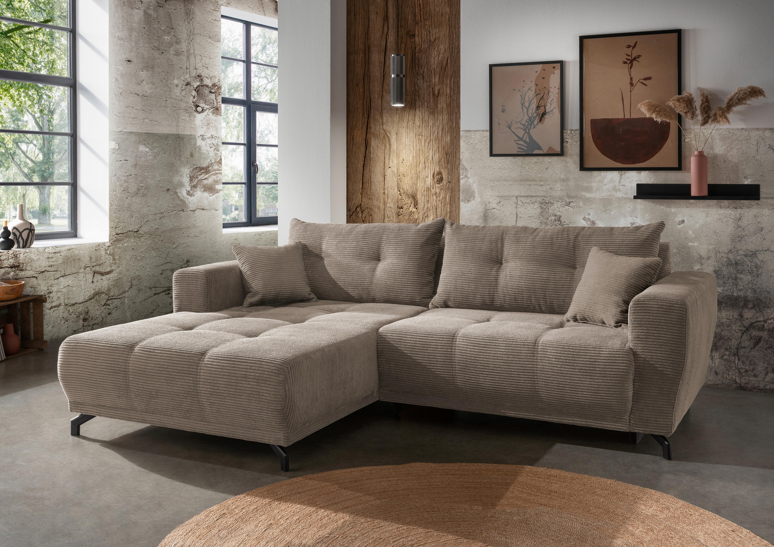 ECKSOFA in Cord Graubraun  - Graubraun/Schwarz, Modern, Holz/Textil (177/246cm) - MID.YOU