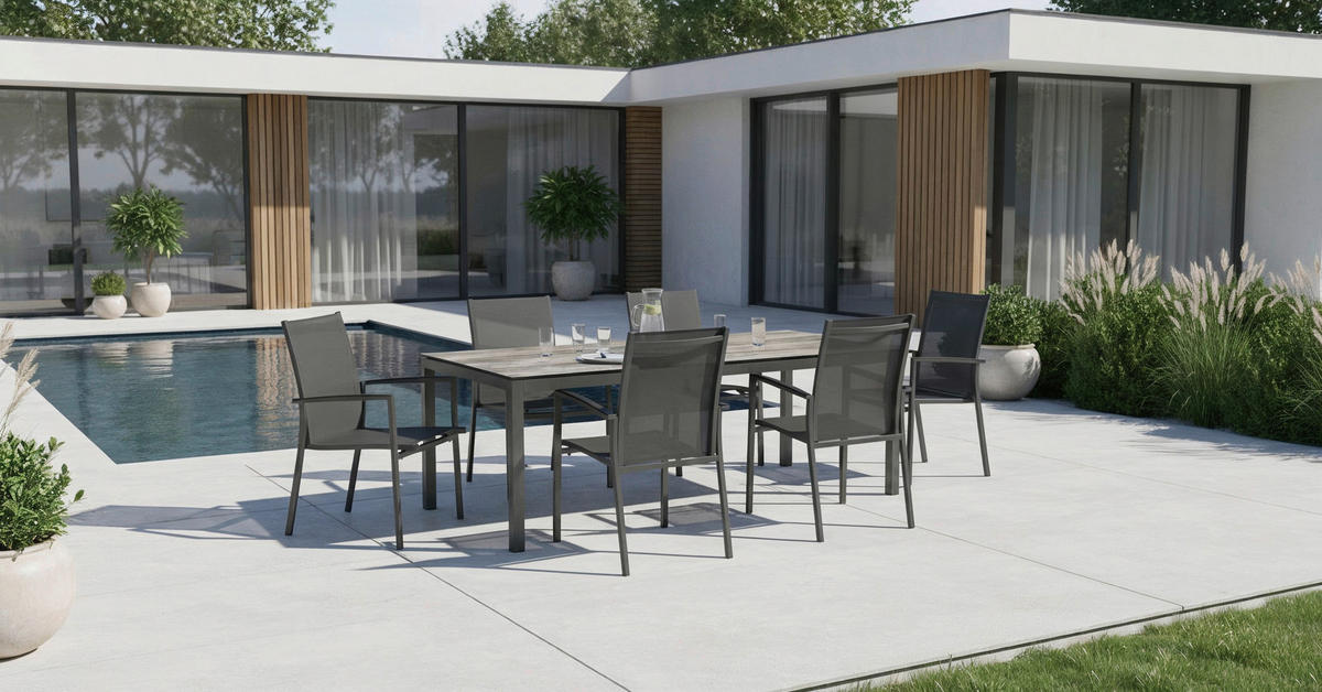 GARTENTISCHGRUPPE Flachgewebe Aluminium  - Anthrazit/Grau, Basics, Kunststoff/Textil - Stern