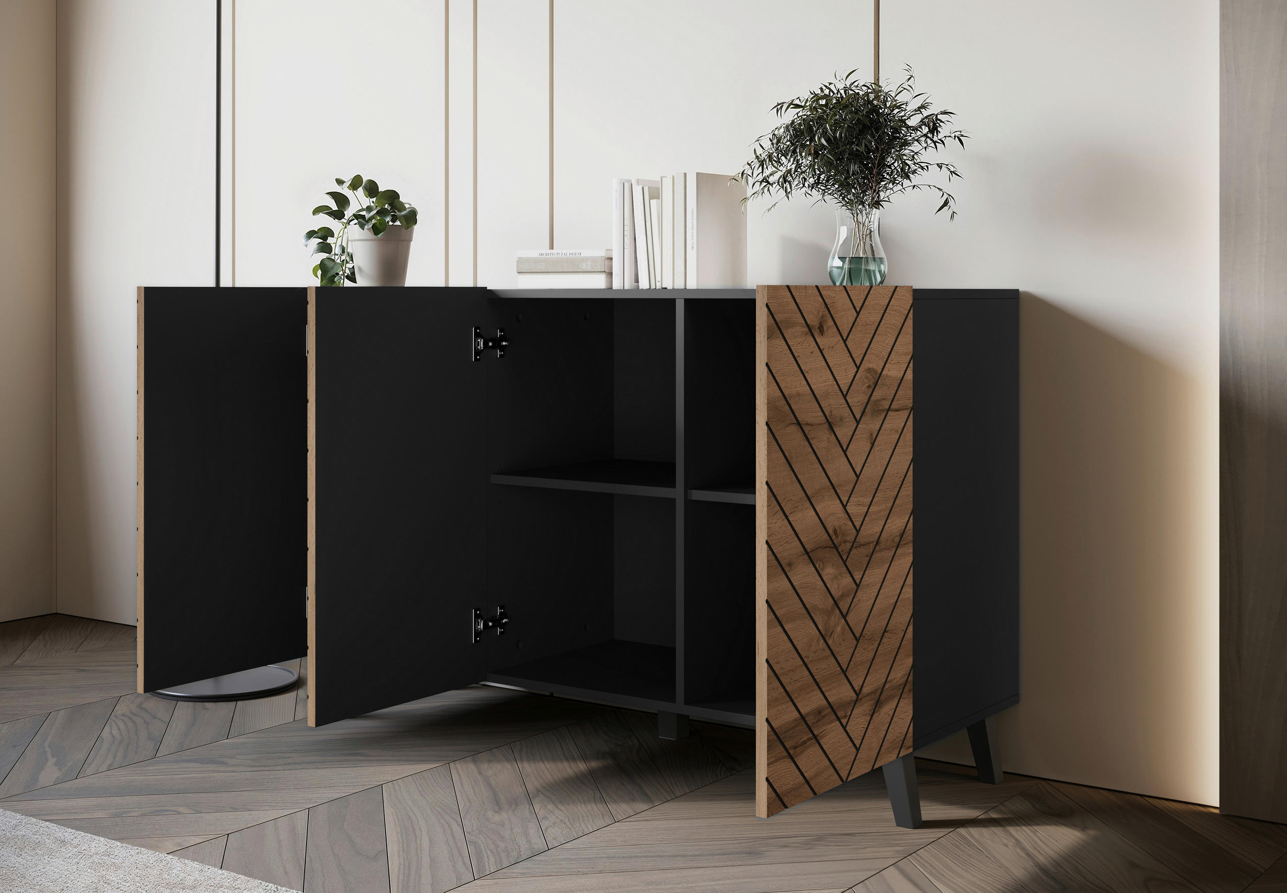 Thumbnail - Livetastic Sideboard Phuket, Schwarz, Eiche Wotan, Holzwerkstoff, 6 Fächer, 120x76x39 cm, Fsc, stehend, Wohnzimmer, Komm...