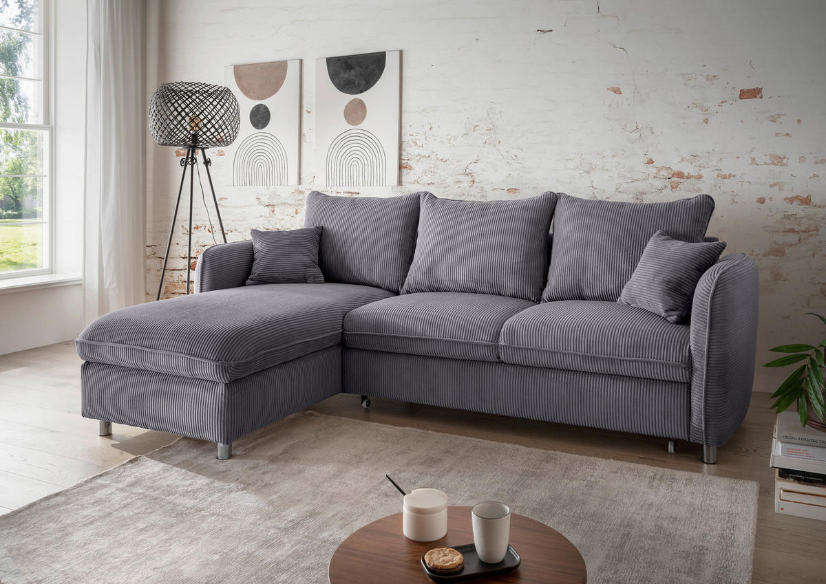 ECKSCHLAFSOFA in Cord Grau  - Chromfarben/Grau, Modern, Textil/Metall (254/160cm) - Livetastic