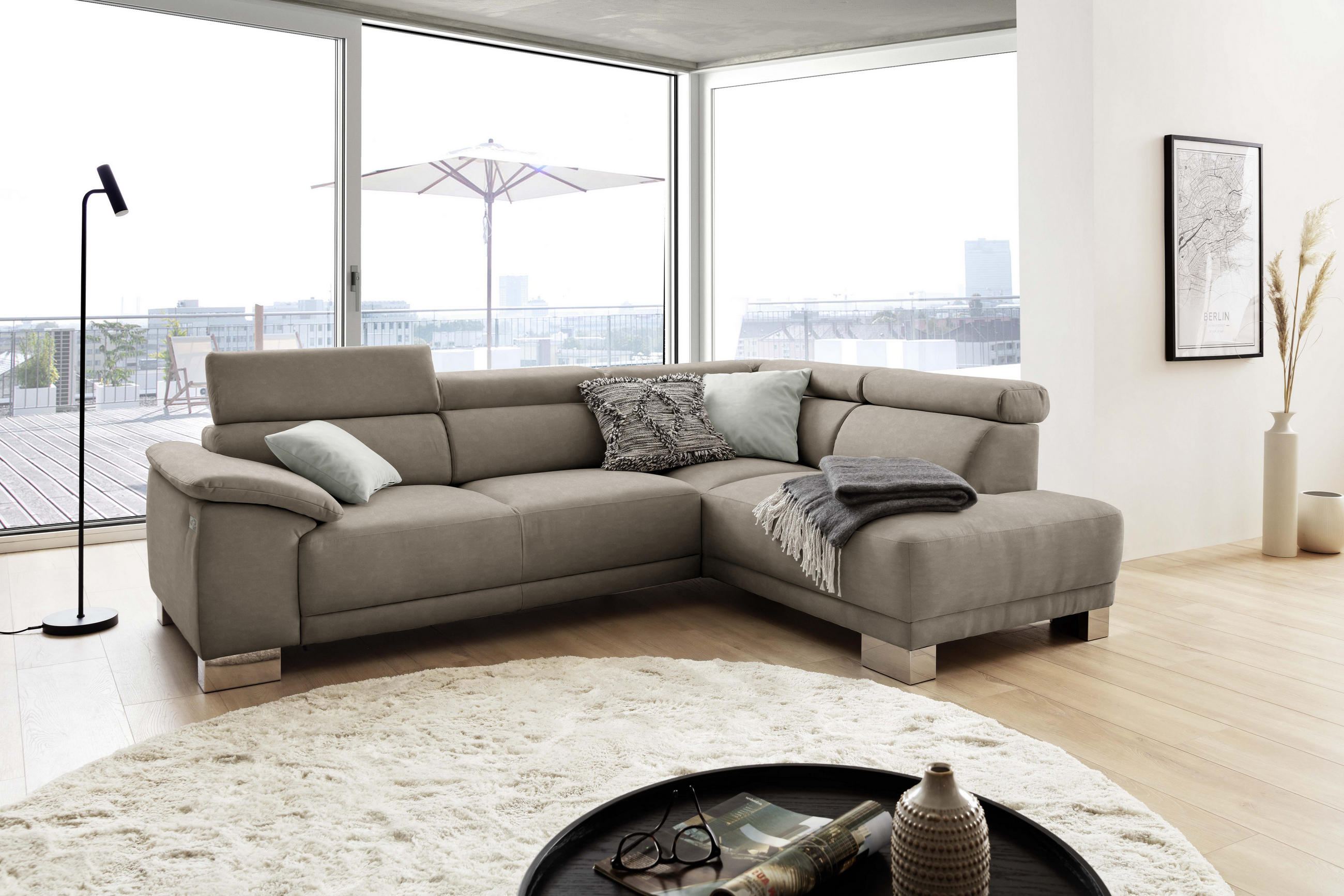 ECKSOFA in Mikrofaser Hellbraun  - Chromfarben/Hellbraun, Design, Textil (270/205cm) - Pure Home Lifestyle