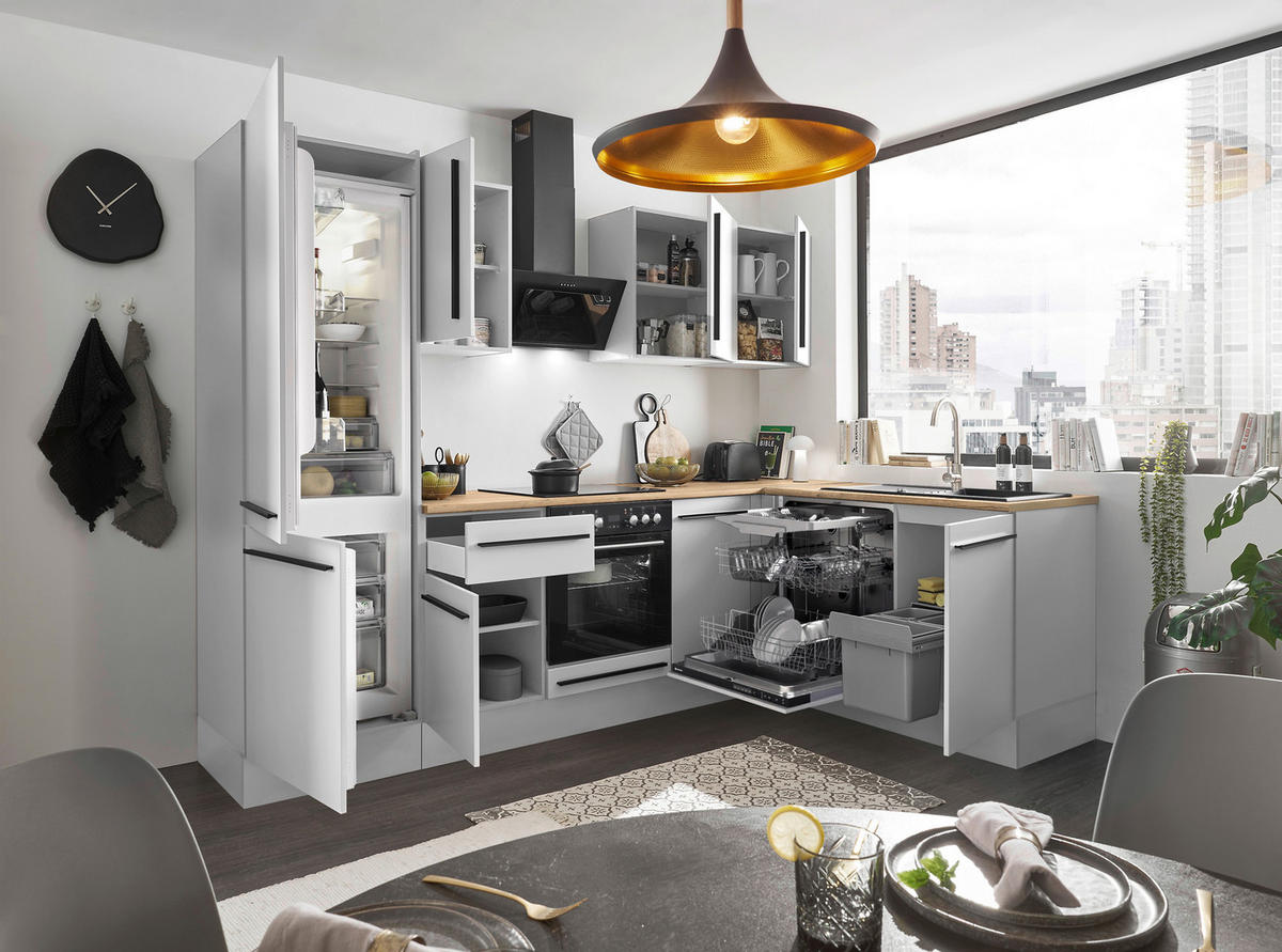 ECKKÜCHE 280/175 cm  in Weiß, Eichefarben  - Eichefarben/Schwarz, Design, Holzwerkstoff/Kunststoff (280/175cm) - MID.YOU