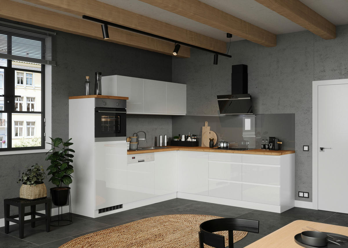 Eckküche Monza mit Geräten 240/240 cm  in Weiss, Eiche Wotan, Weiss Hochglanz  - Weiss Hochglanz/Weiss, Lifestyle, Holzwerkstoff (240/240cm) - Held