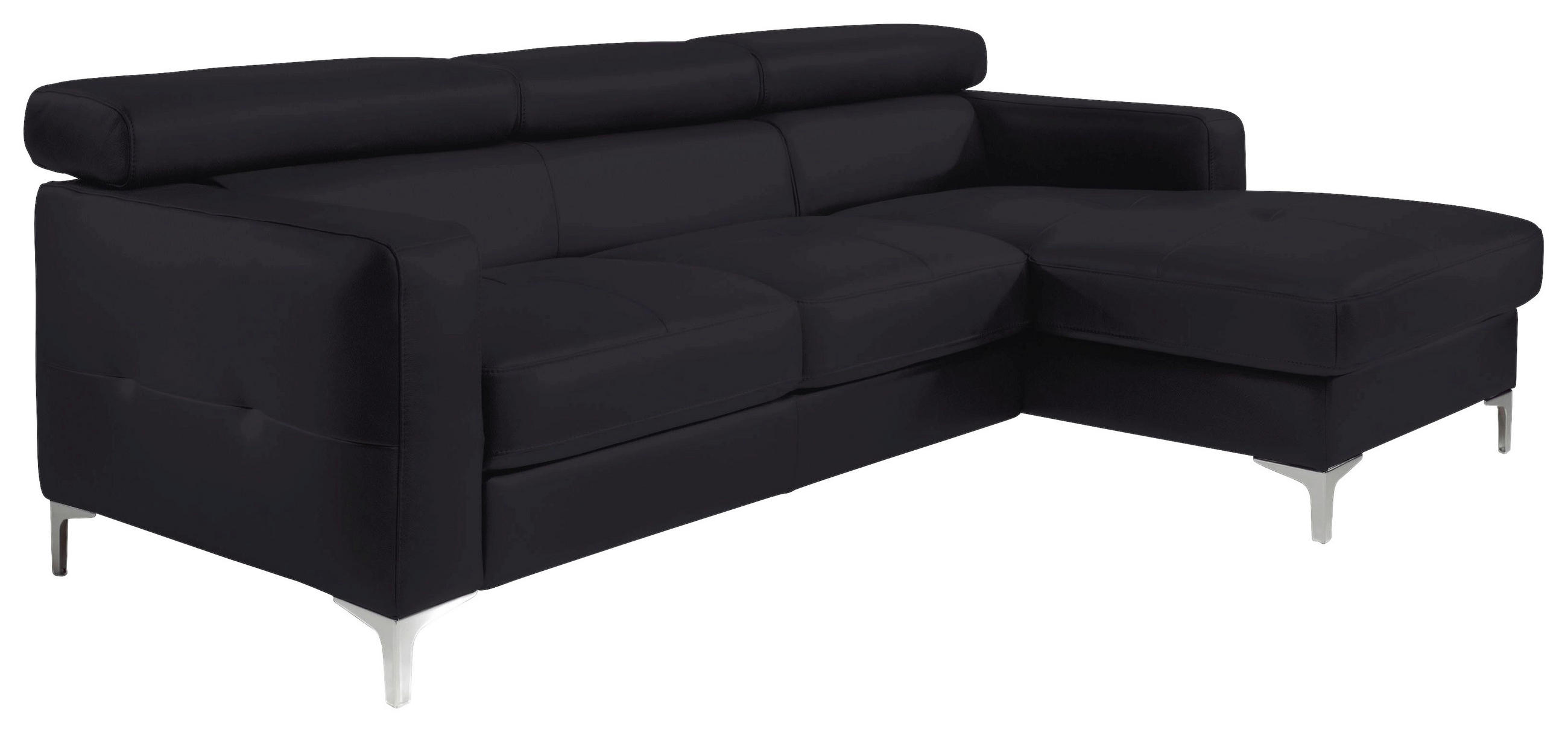 ECKSOFA Schwarz Echtleder Bettkasten, Schlaffunktion, Kopfteilverstellung, Kopfstütze  - Chromfarben/Schwarz, Design, Leder/Metall (227/168cm) - Livetastic