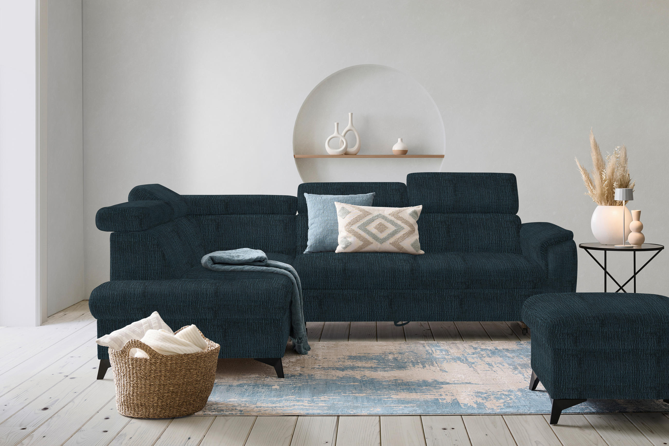 ECKSOFA in Flachgewebe Dunkelblau  - Schwarz/Dunkelblau, Design, Textil/Metall (203/260cm) - Stylife