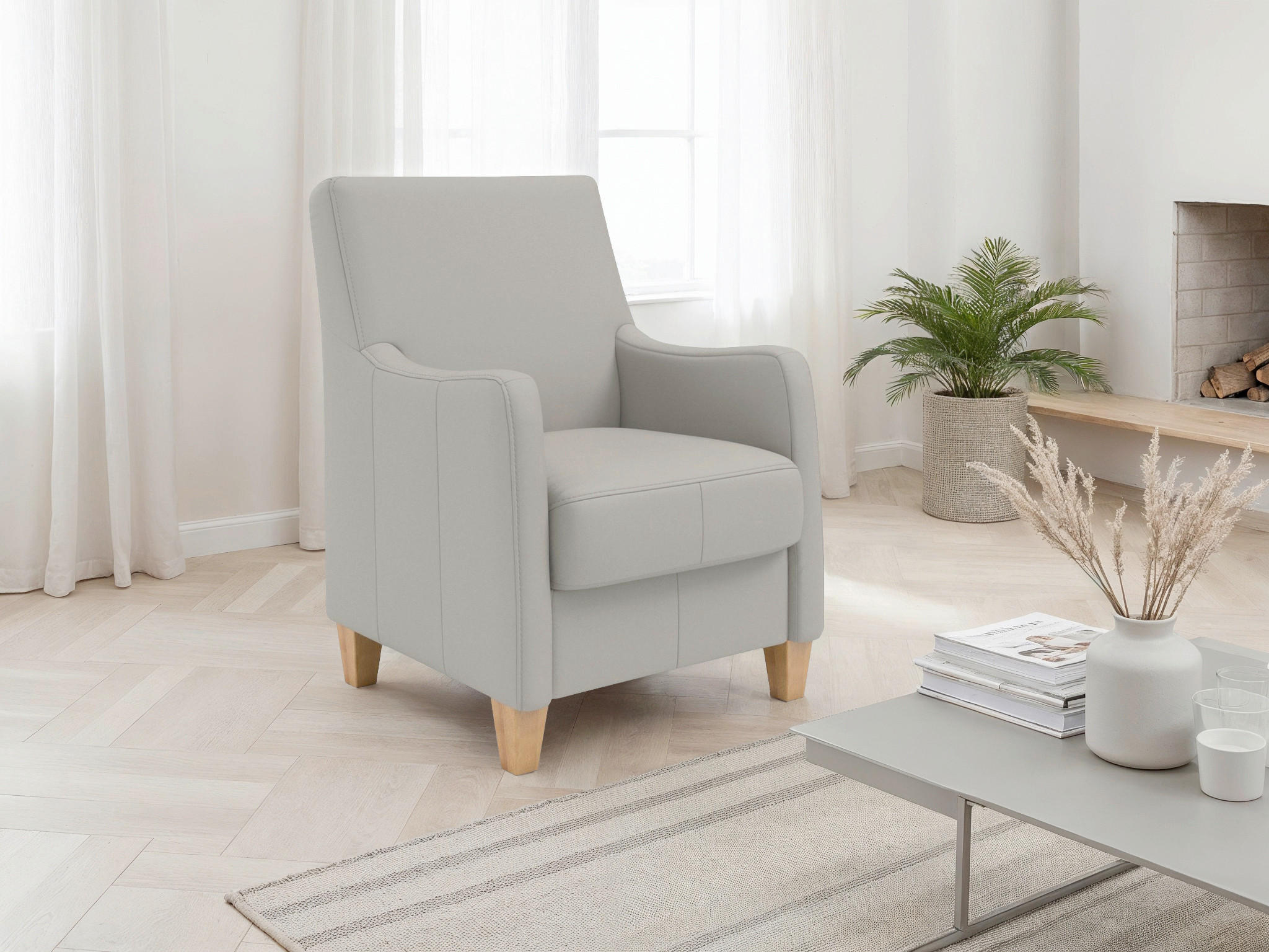 SESSEL in Echtleder Hellgrau  - Eichefarben/Hellgrau, Basics, Leder/Holz (70/93/75cm) - Sit & More