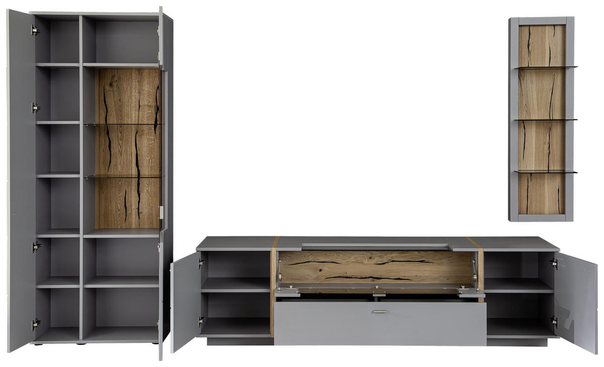 WOHNWAND  in Grau, Eichefarben 326/207/50 cm  - Eichefarben/Schwarz, Design, Glas/Holzwerkstoff (326/207/50cm) - MID.YOU