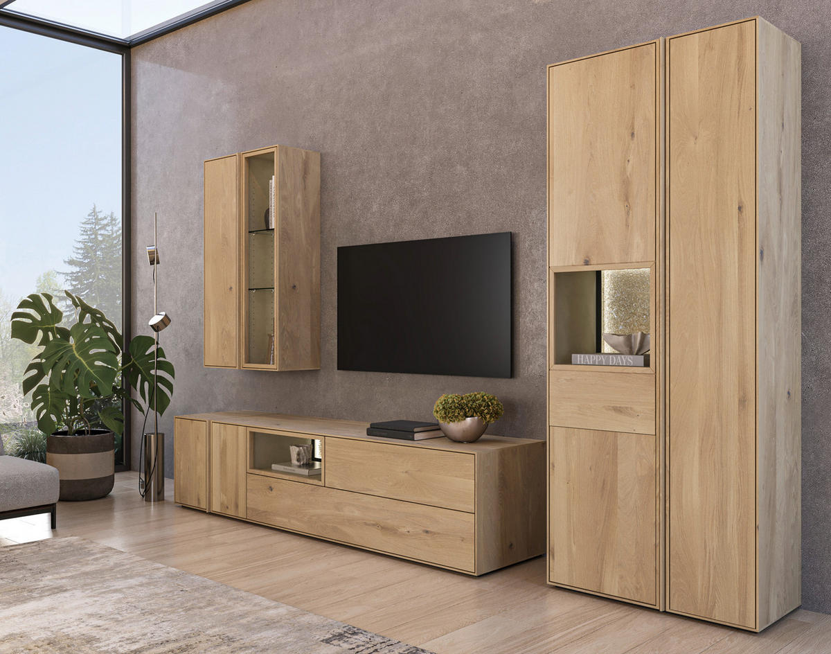 VITRINE  in massiv Asteiche Eichefarben - Eichefarben, Natur, Glas/Leder (83,4/205,8/41cm) - Cassando