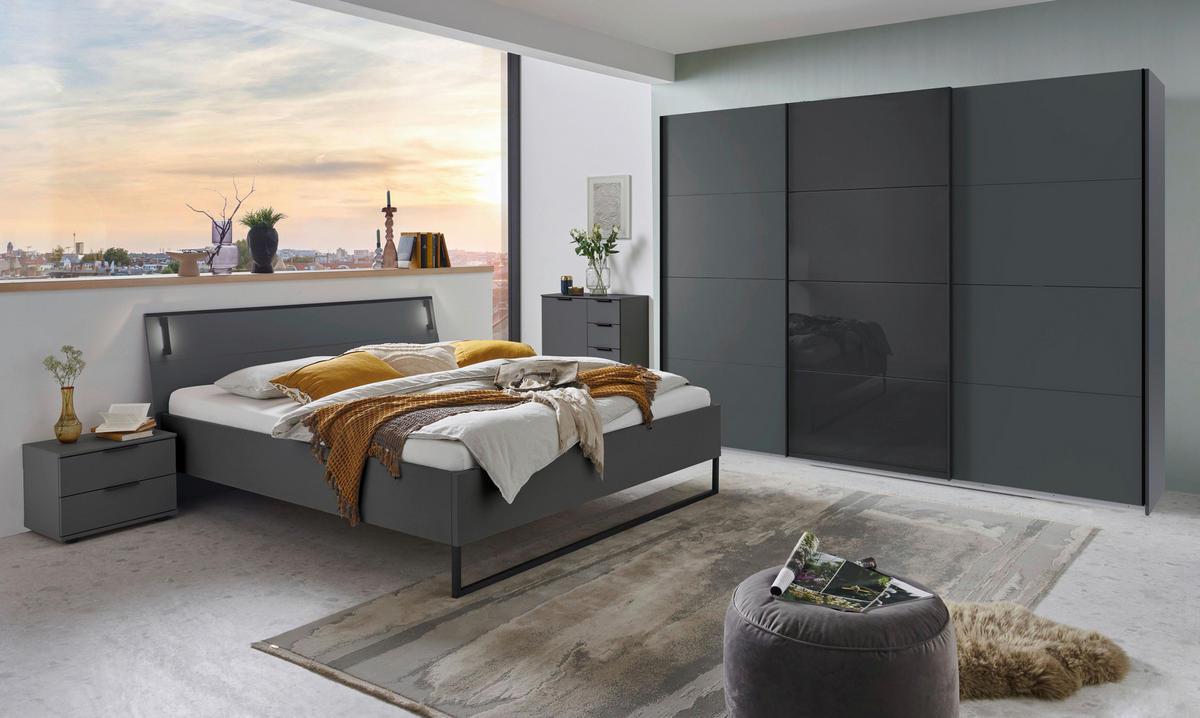 SCHWEBETÜRENSCHRANK in Graphitfarben, Schwarz  - Schwarz/Graphitfarben, Design, Glas/Holzwerkstoff (270/208/65cm) - Carryhome