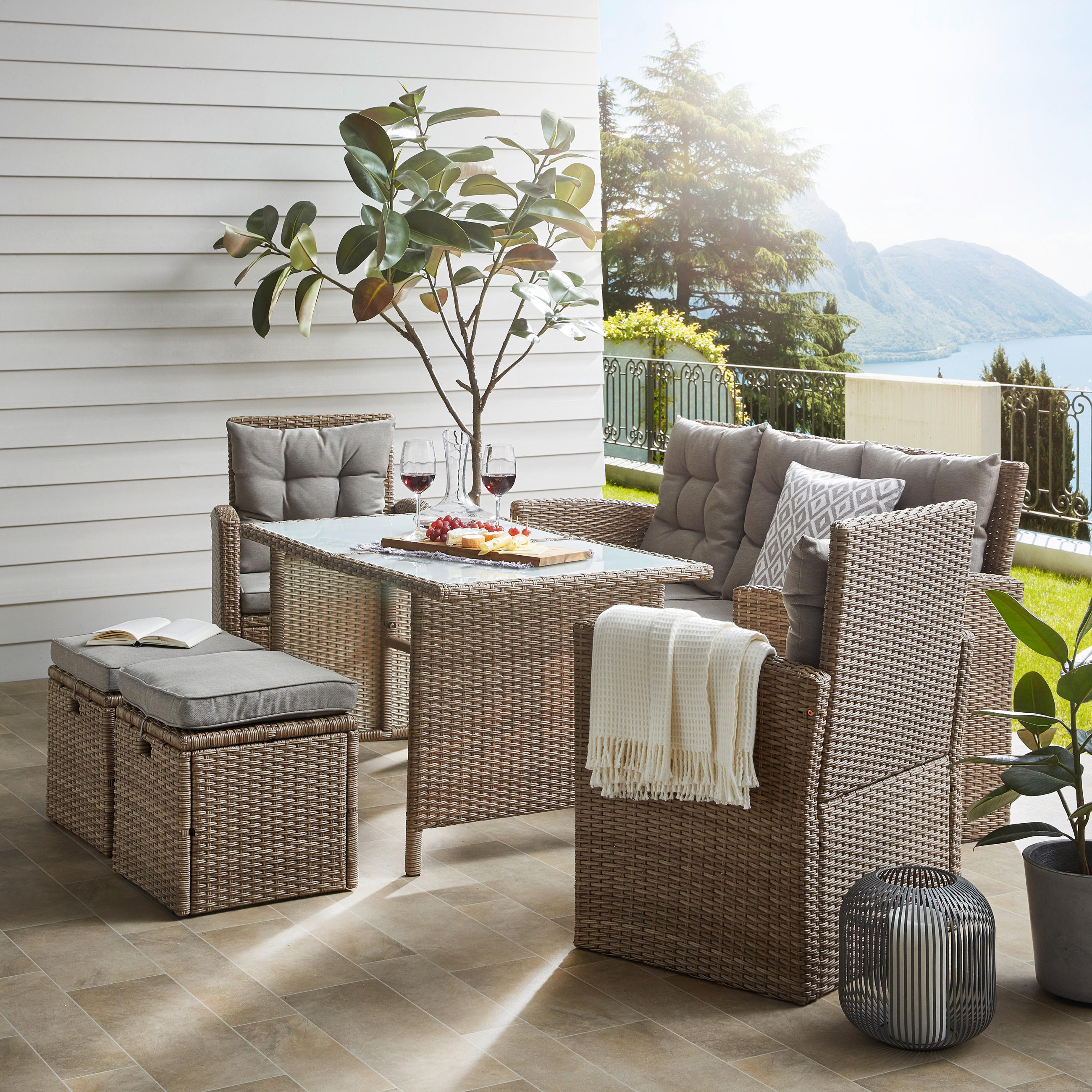 DINING-LOUNGESET  - Taupe/Beige, MODERN, Glas/Kunststoff - Ambia Garden