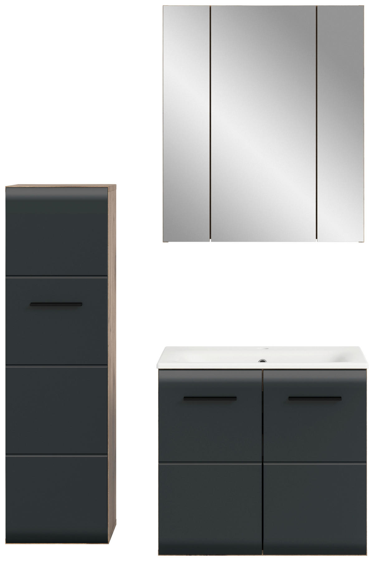 BADEZIMMER 3-teilig  in 90 cm  - Eiche dunkel/Schwarz, Basics, Keramik/Holzwerkstoff (90cm) - MID.YOU