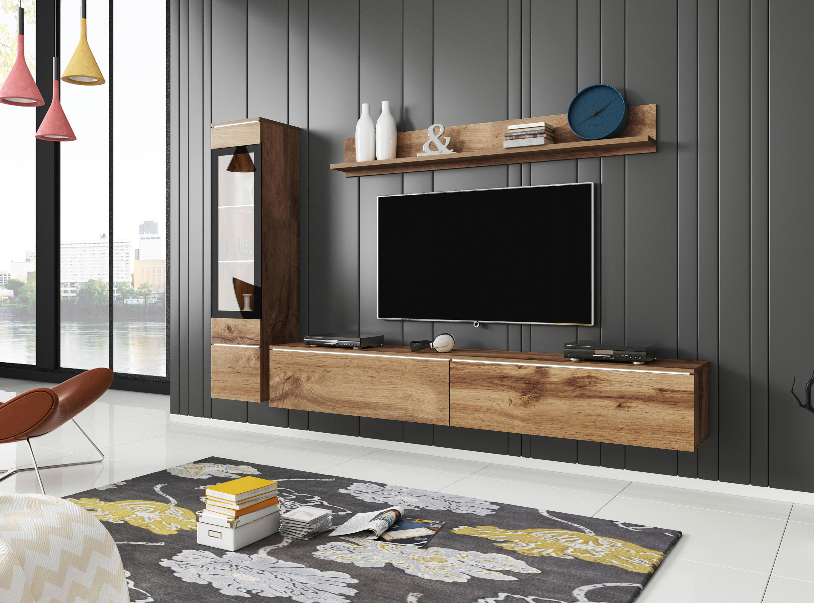 WOHNWAND 3-teilig  in Eiche Wotan  210/130/33 cm  - Eiche Wotan/Grau, LIFESTYLE, Glas/Holzwerkstoff (210/130/33cm) - P & B