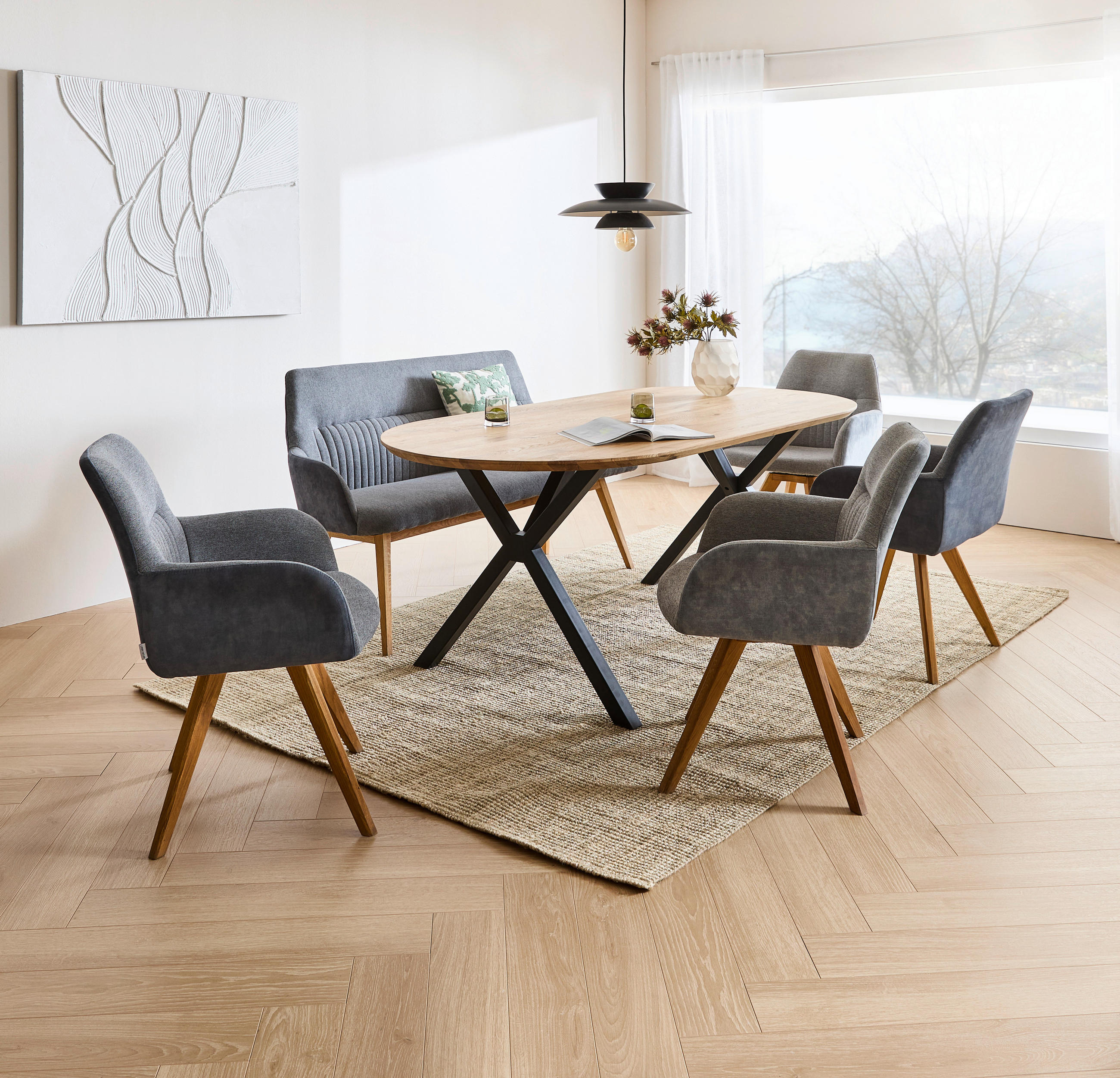 ESSTISCH Eiche massiv oval Eichefarben  - Eichefarben/Schwarz, Design, Holz/Metall (200/100/76cm) - Linea Natura