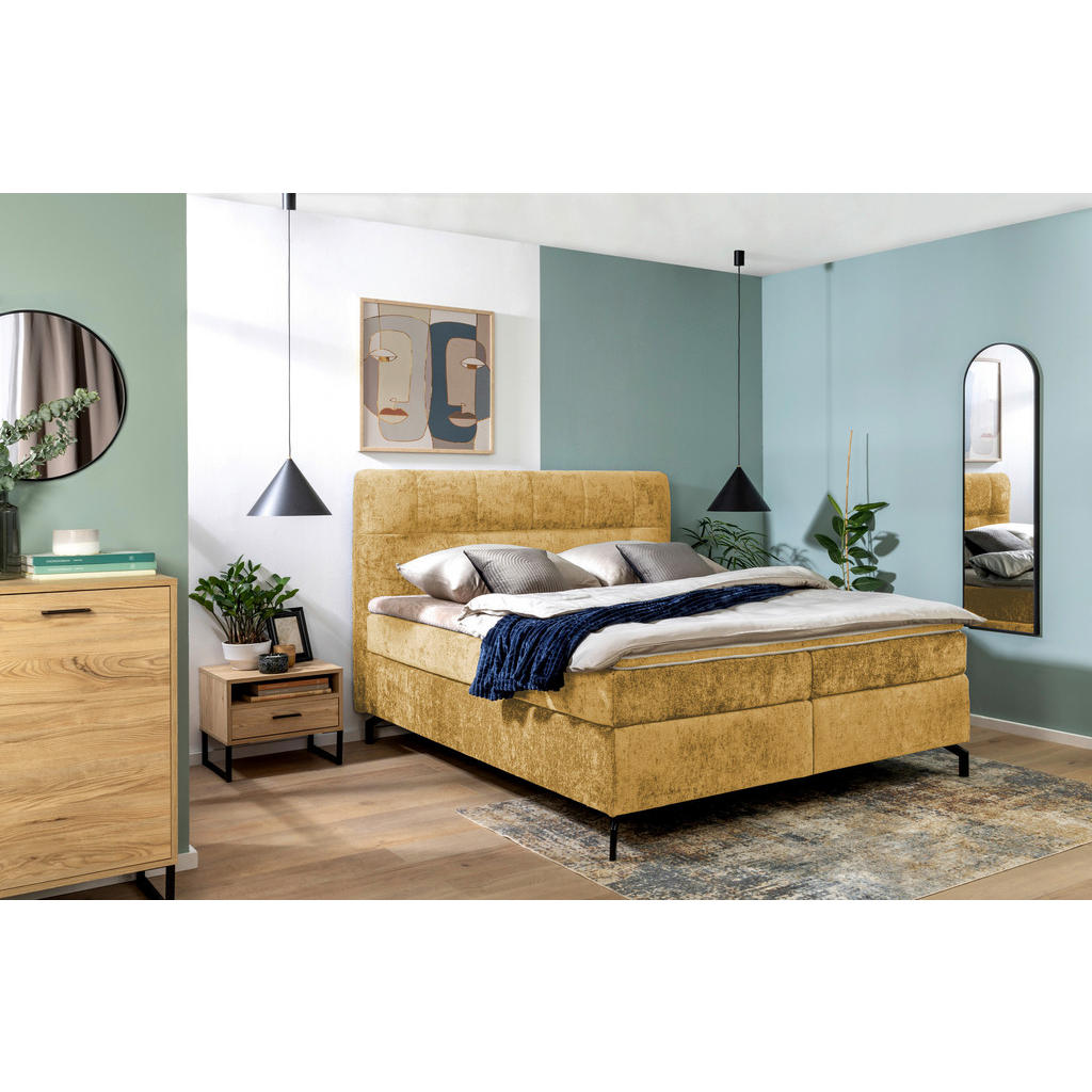 Thumbnail - Esposa Boxspringbett, Currygelb, Textil, H2, Höhe ca. 17 cm, 160x200 cm, Stoffauswahl, Topper durchgehend, Matratze in v...