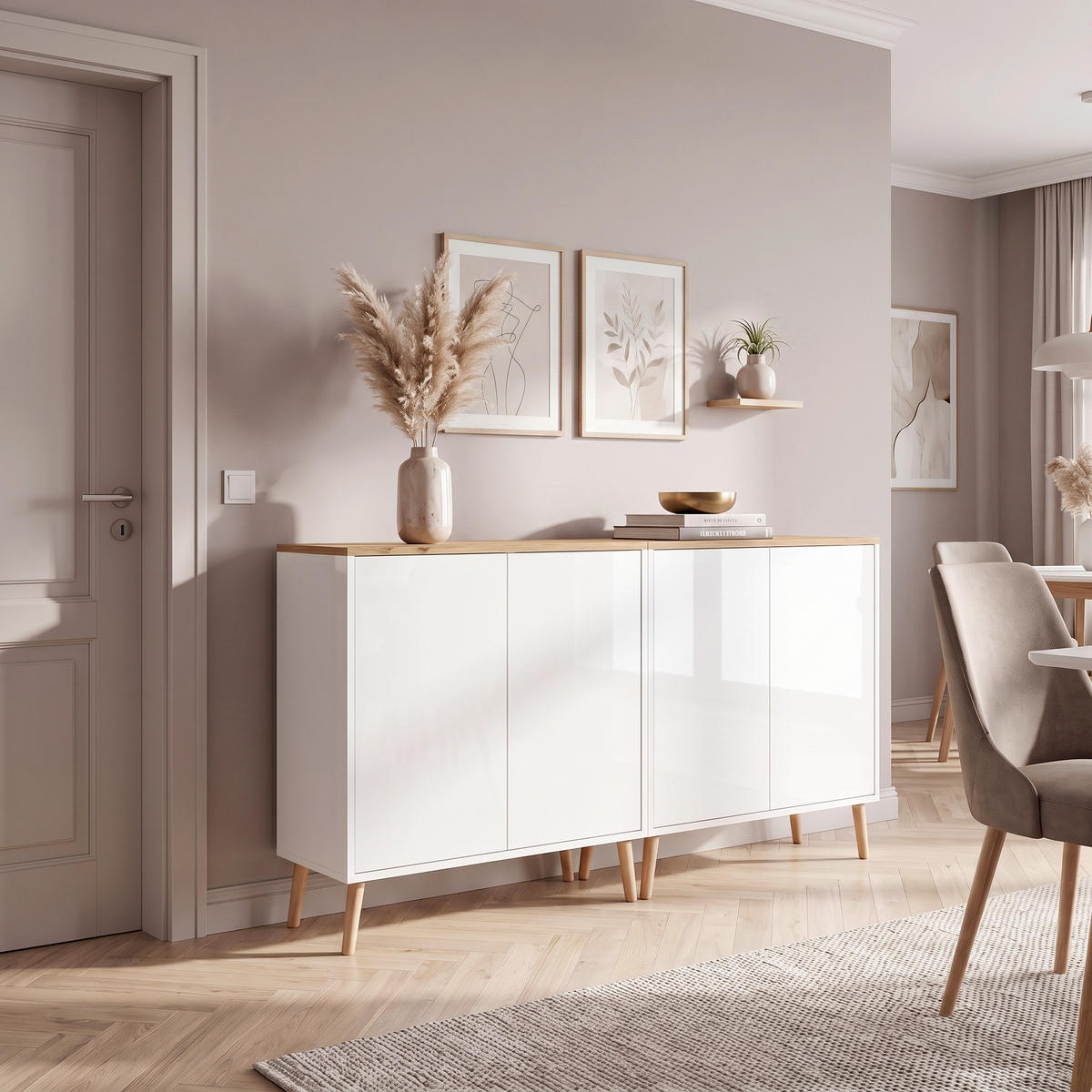 SIDEBOARD Mailand Set 2 + HF 158/86/33 cm  - Weiß Hochglanz/Eiche Artisan, MODERN, Holz/Holzwerkstoff (158/86/33cm) - MID.YOU