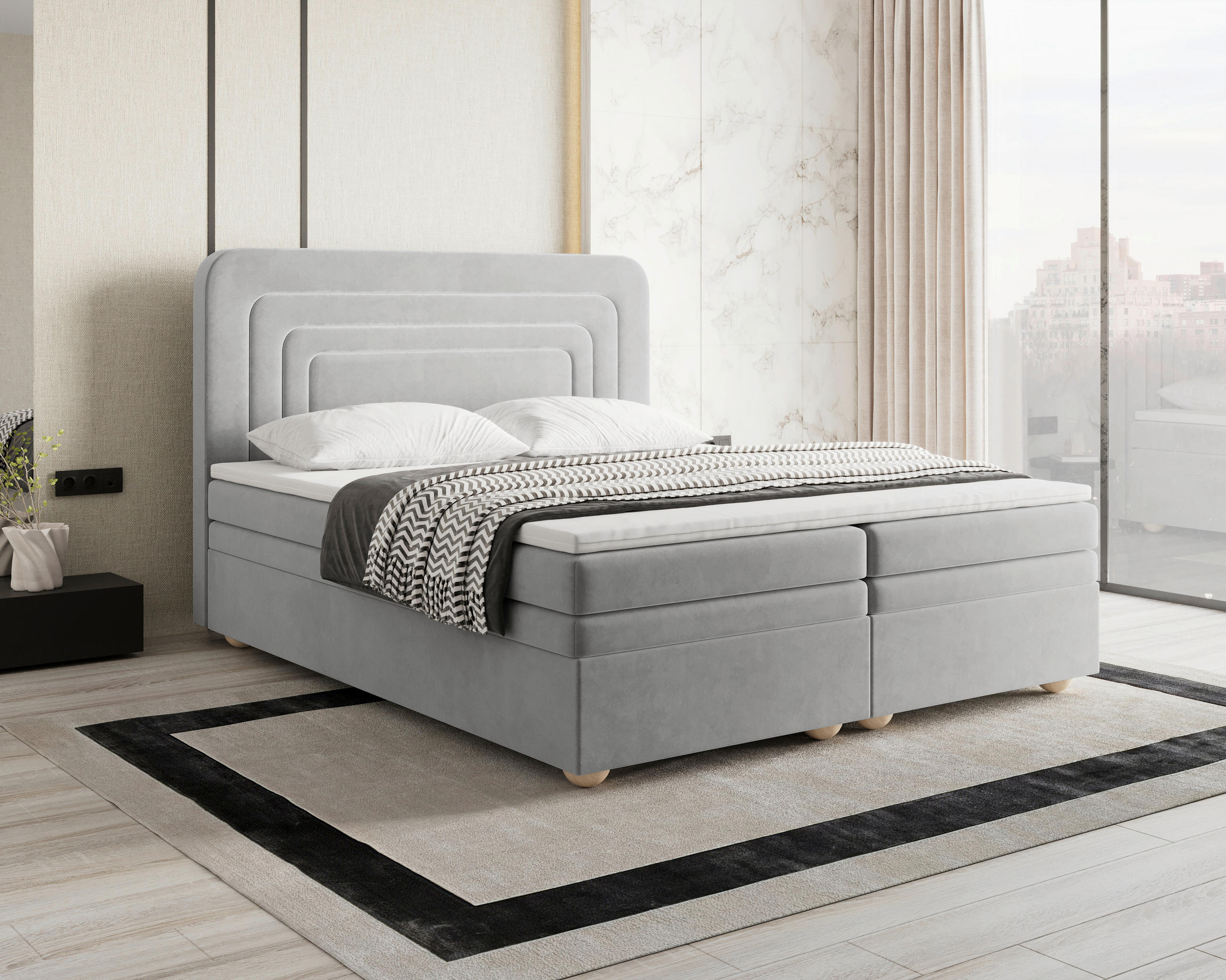 BOXBETT 180/200 cm,  in Grau, gepolstertes Kopfteil, Bettkasten, Topper, H2 + H3 = mittel + fest  - Braun/Grau, MODERN, Holz/Kunststoff (180/200cm) - Livetastic