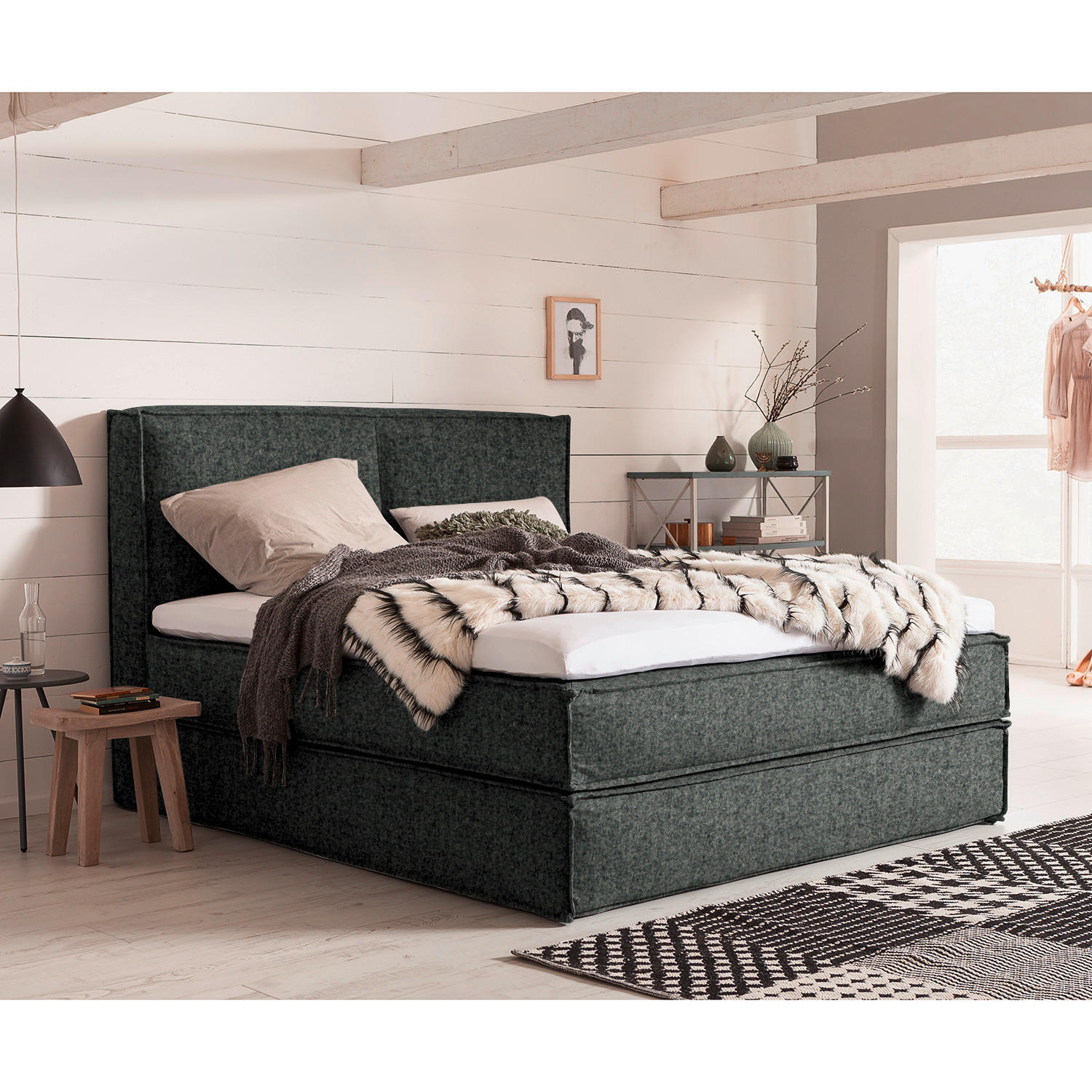 Thumbnail - home24 Boxspringbett, Anthrazit, Textil, H3, 7-Zonen, Höhe ca. 24 cm, 180x200 cm, gepolstertes Kopfteil, Topper durchgeh...